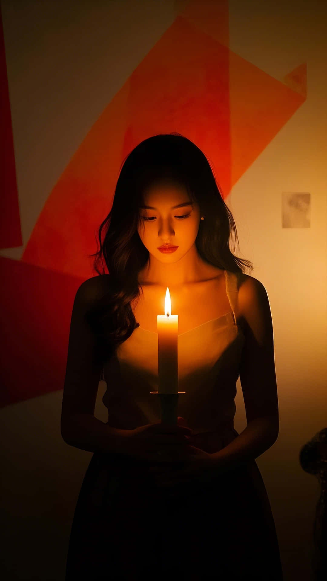 Candlelit silhouette of a lady in a moody setting 壁紙 — 一位身穿深色連衣裙的女性手持點燃的蠟燭，溫暖的光線映照在她的臉上，背景是幾何圖案的紅色和橙色牆壁。