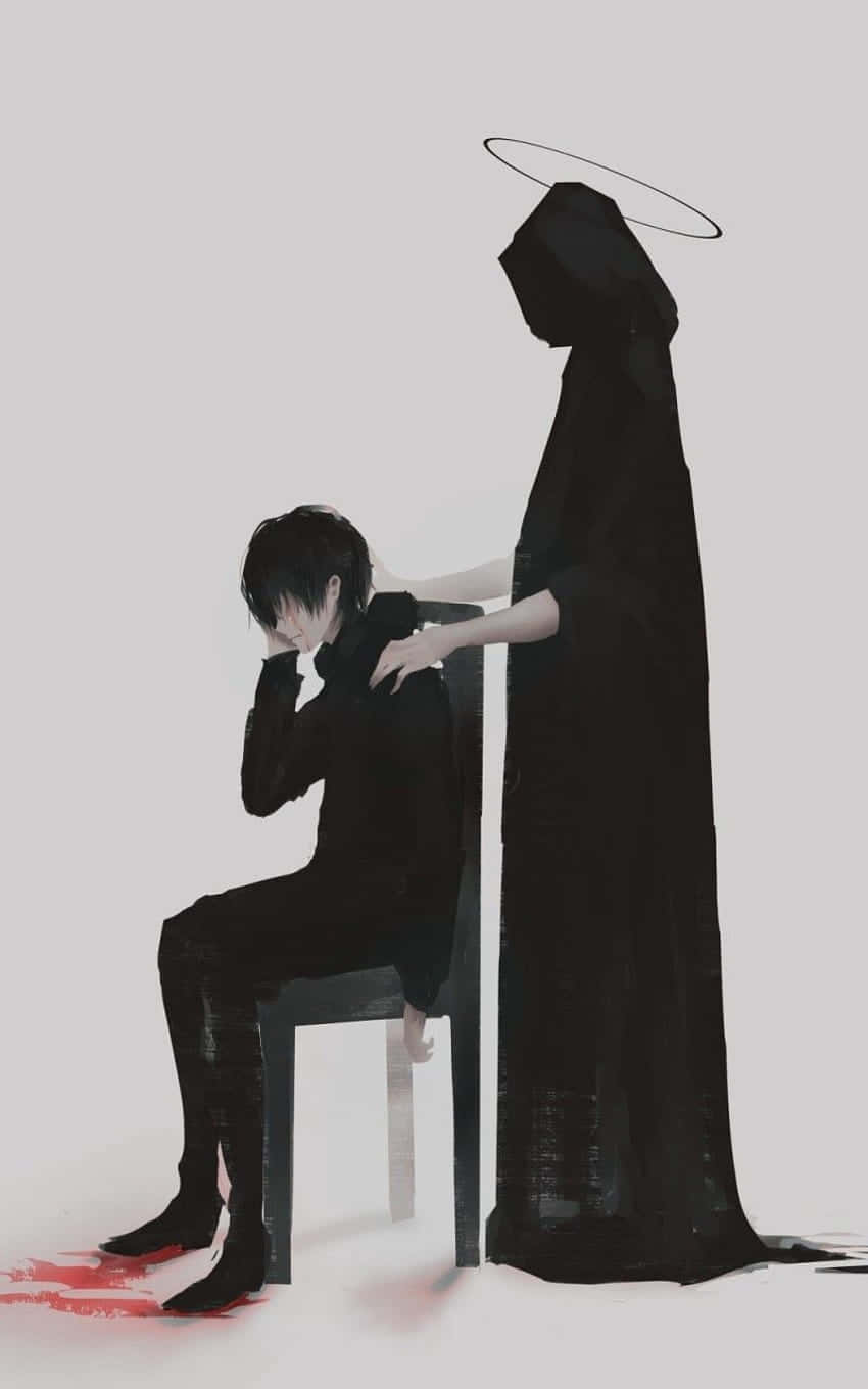 Sad Anime Death 桌布 壁紙 — 一位身穿深色長袍、帶有光環的天使，在純白背景下輕輕安慰一位坐著、痛苦不堪的年輕男子。