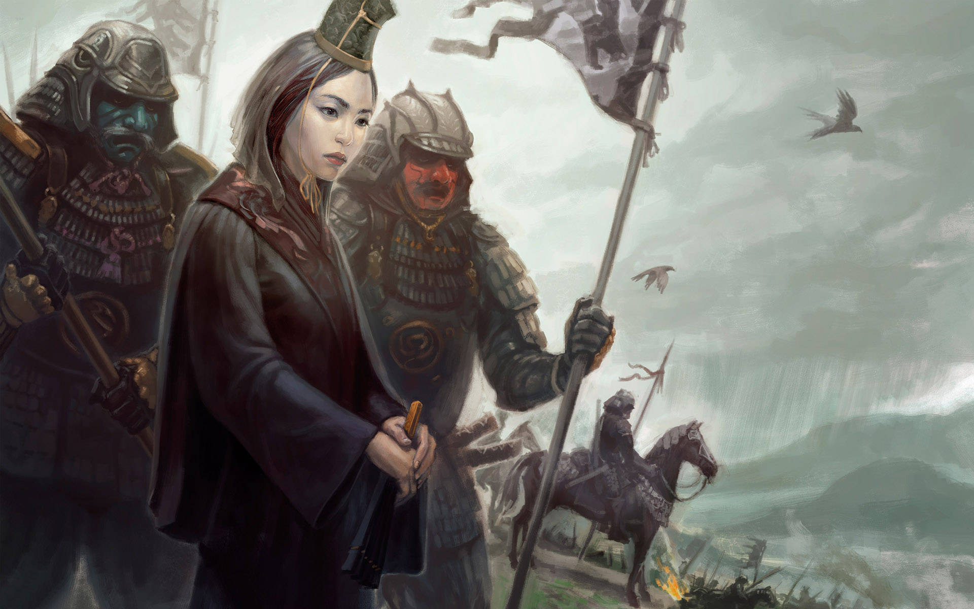 桌布 壁紙 — 一位身穿深色長袍、沉穩的女武士與身穿鎧甲的戰士們站在暴風雨的天空下，遠處一名騎兵正在前進。