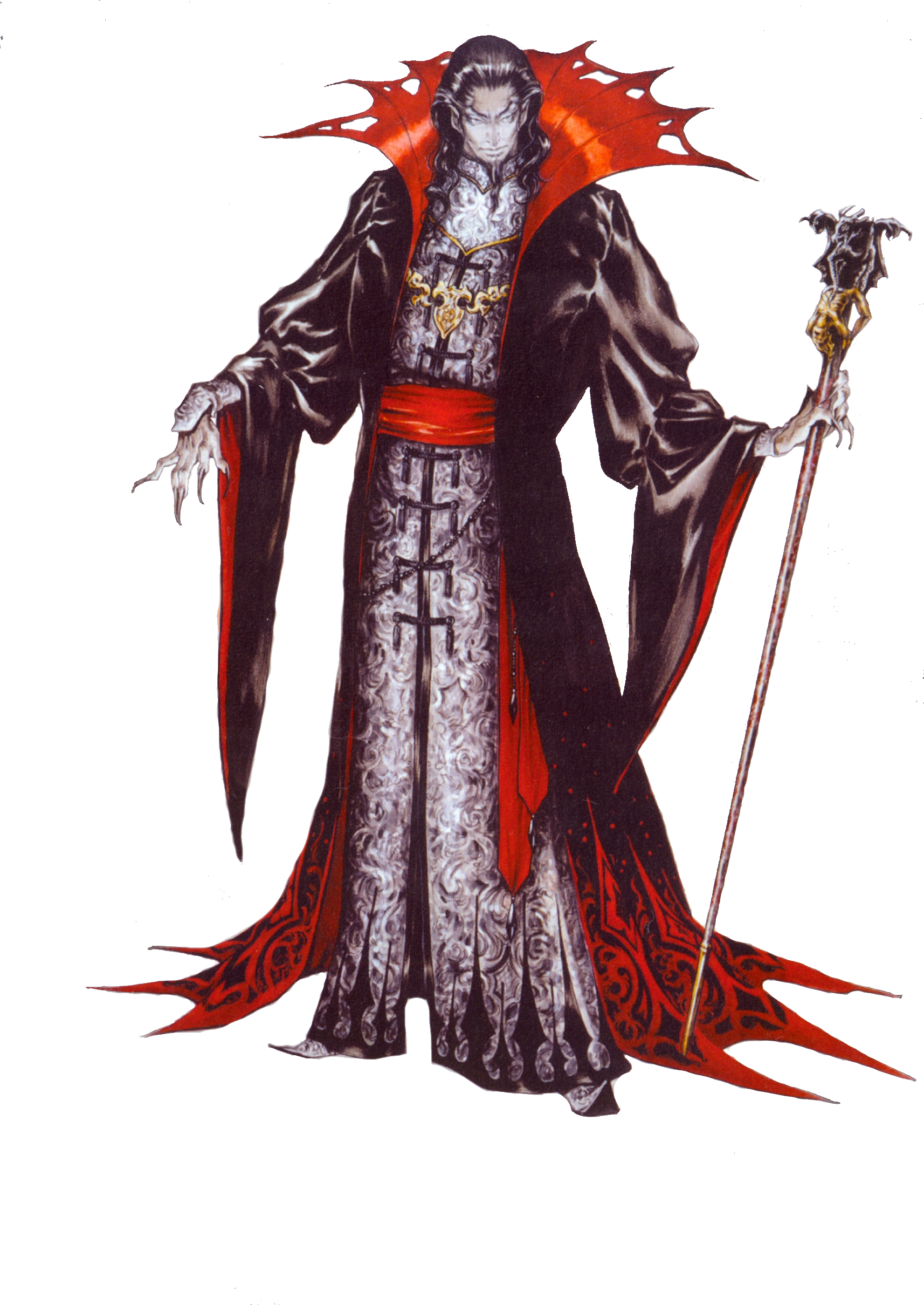 dracula 桌布 壁紙 — 一位身穿深色長袍、皮膚蒼白、長髮的吸血鬼領主，在黑色背景下威嚴地站立，手持法杖，穿著華麗的銀色和紅色服飾。