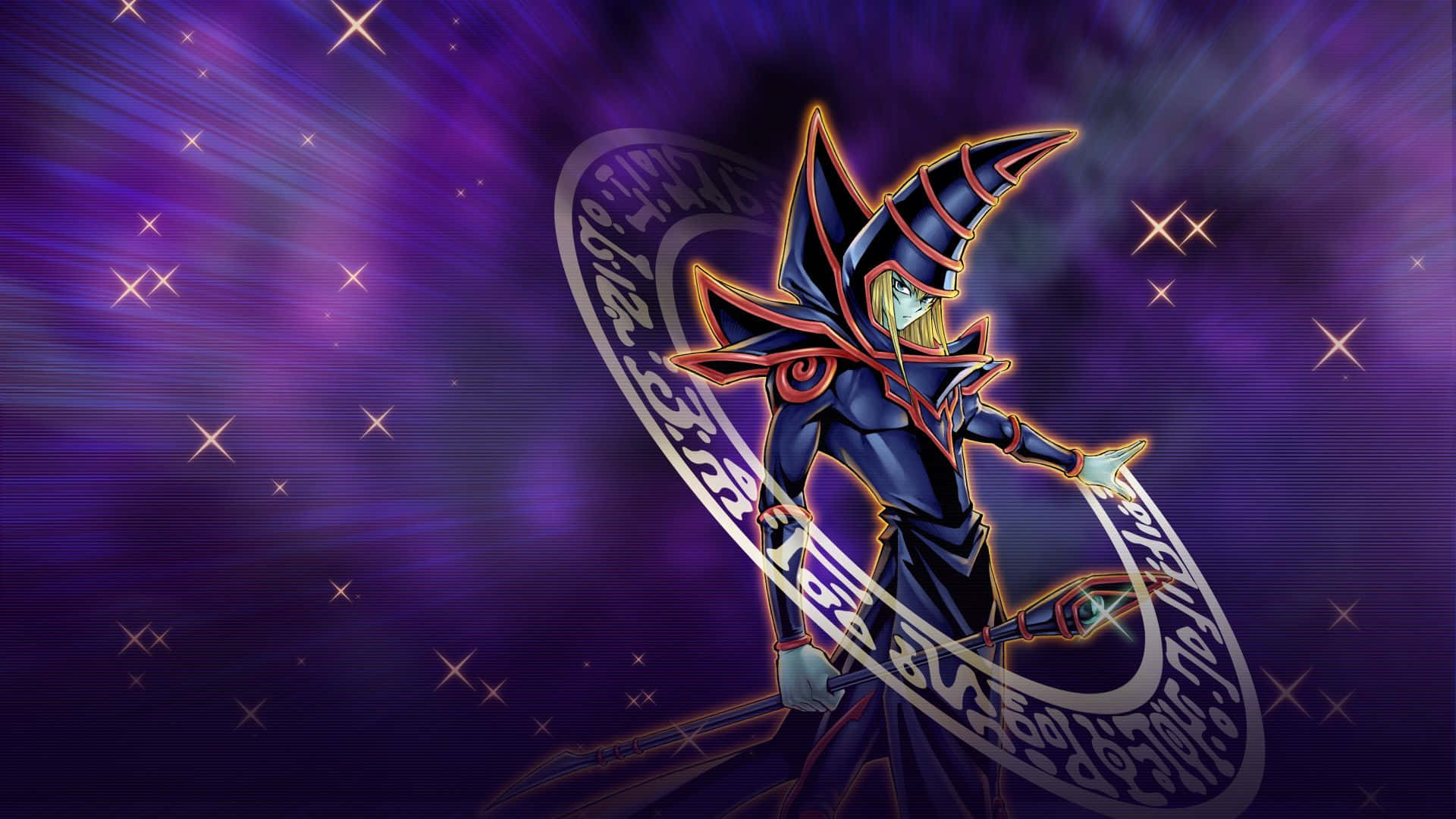 Yugioh Dark Magician 桌布 壁紙 — 一位身穿深色長袍、眼睛發光、手持法杖的動畫巫師，站在一個旋轉的魔法陣前，背景是星光點點的紫色宇宙。