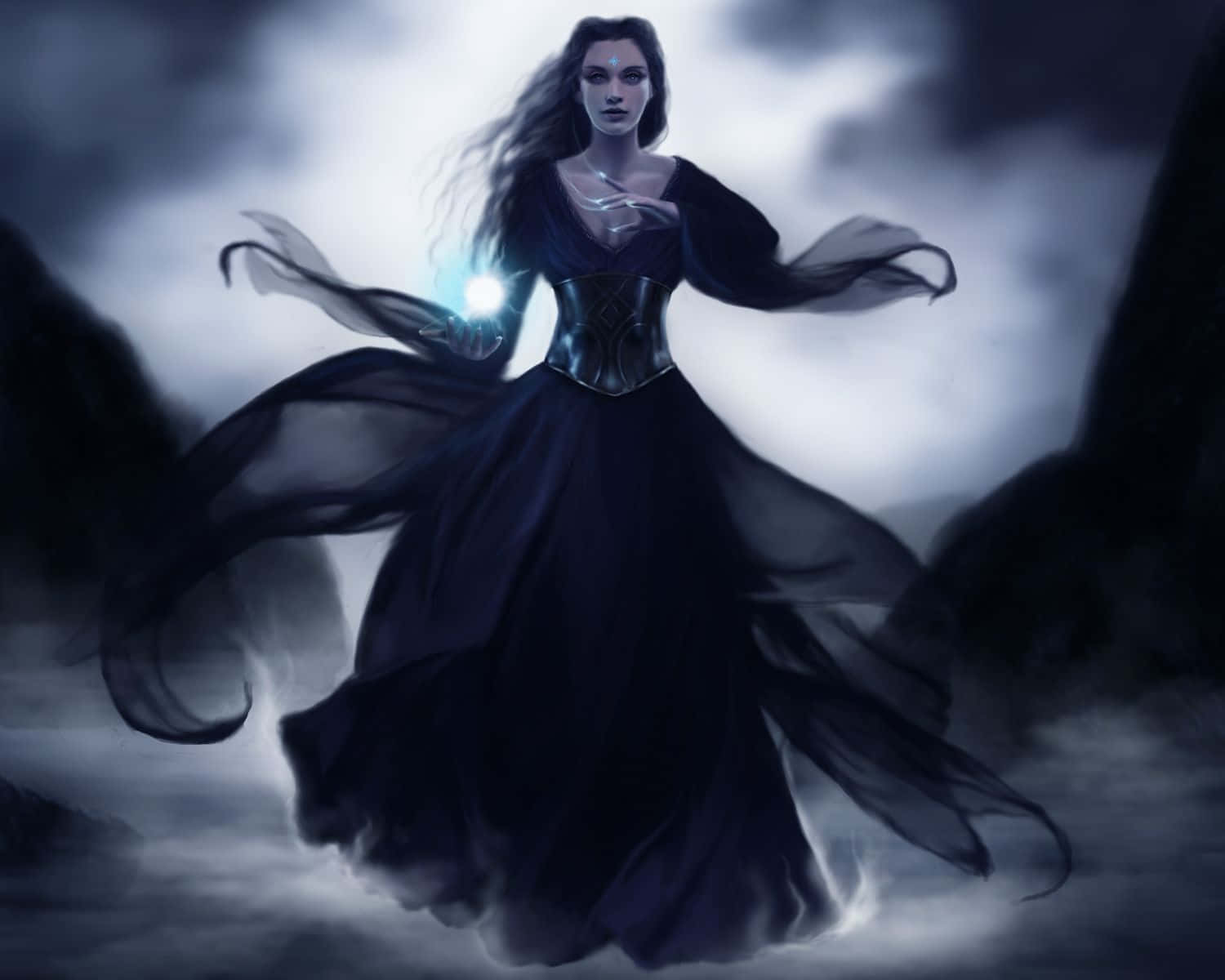 Dark Witch 桌布 壁紙 — 一位身穿深色長袍的女巫在暴風雲中漂浮，手持發光球體，營造出神秘的暮色場景。