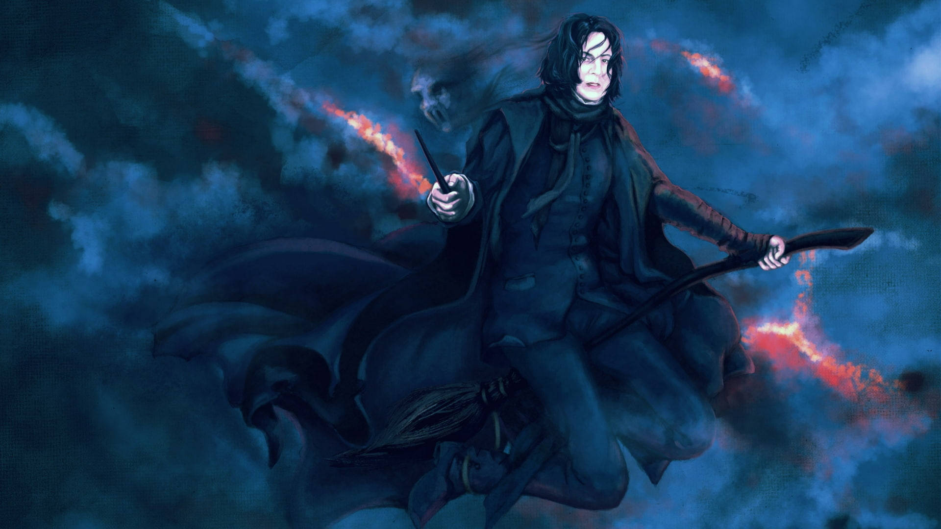 snape 桌布 壁紙 — 一位身穿深色長袍的巫師騎著掃帚穿過風暴般的藍色雲層，身後留下火紅色的魔法痕跡。
