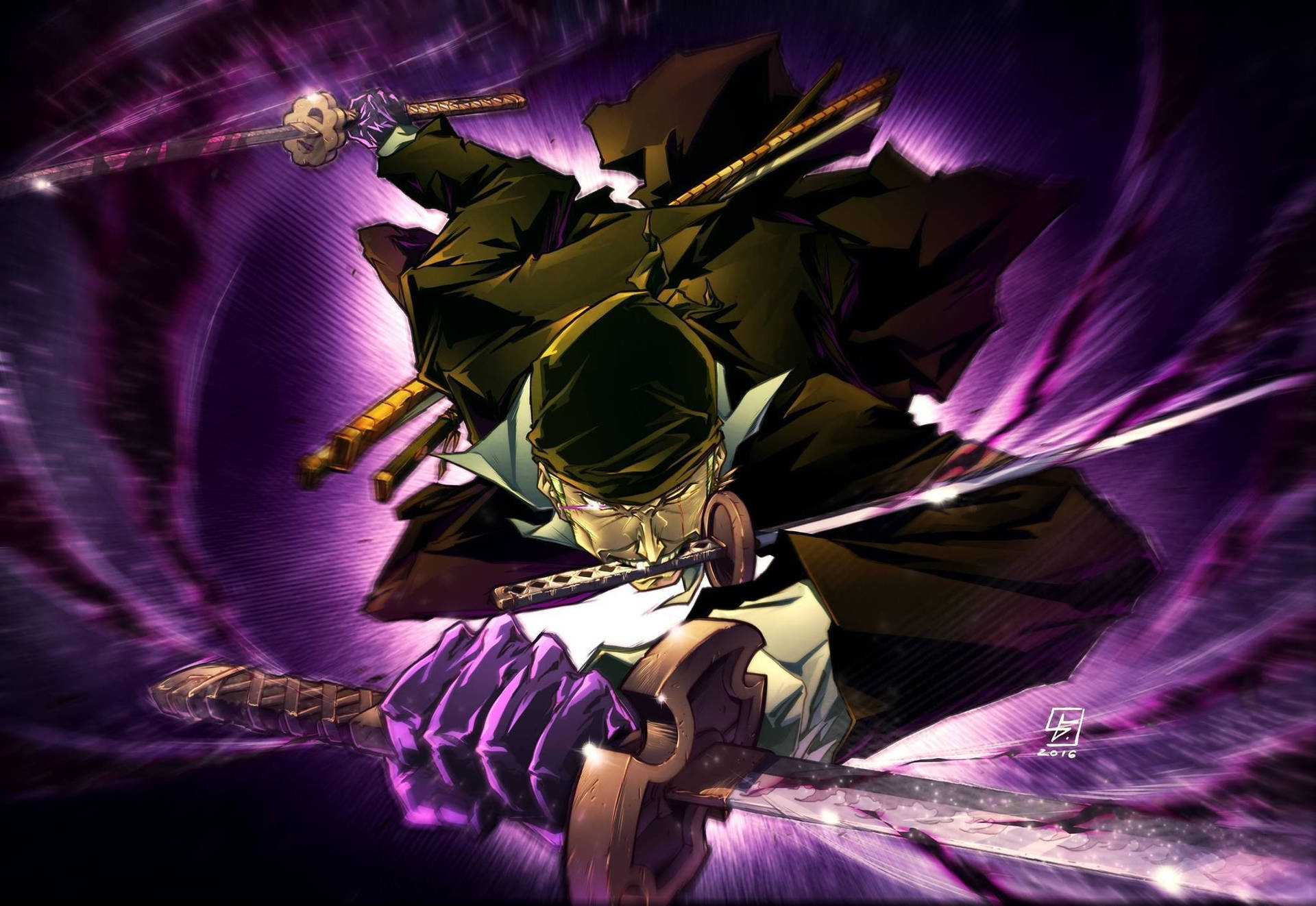 武士戰士在紫色能量風暴中揮舞多把劍。 — 索隆 GIF 壁紙