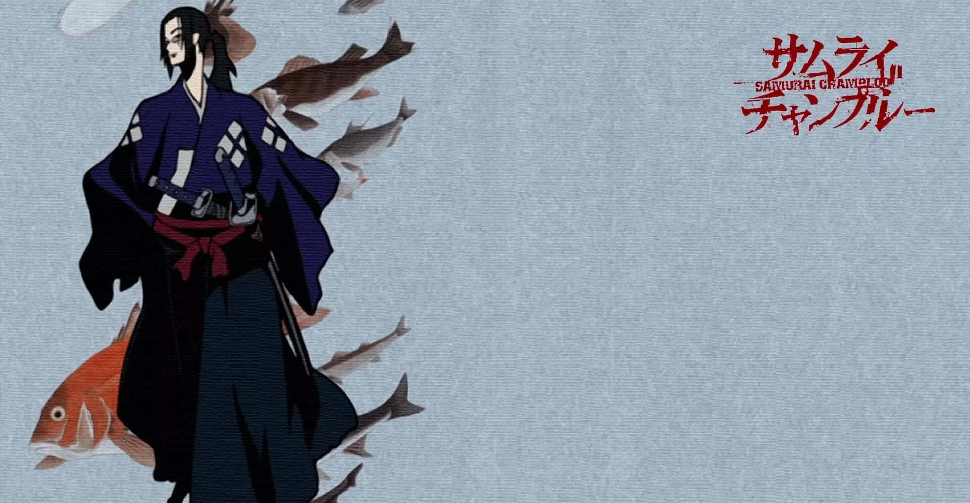 Samurai Champloo 桌布 壁紙 — 一位身穿深色長袍的武士站在旋轉的魚群中，背景是帶紋理的藍灰色。