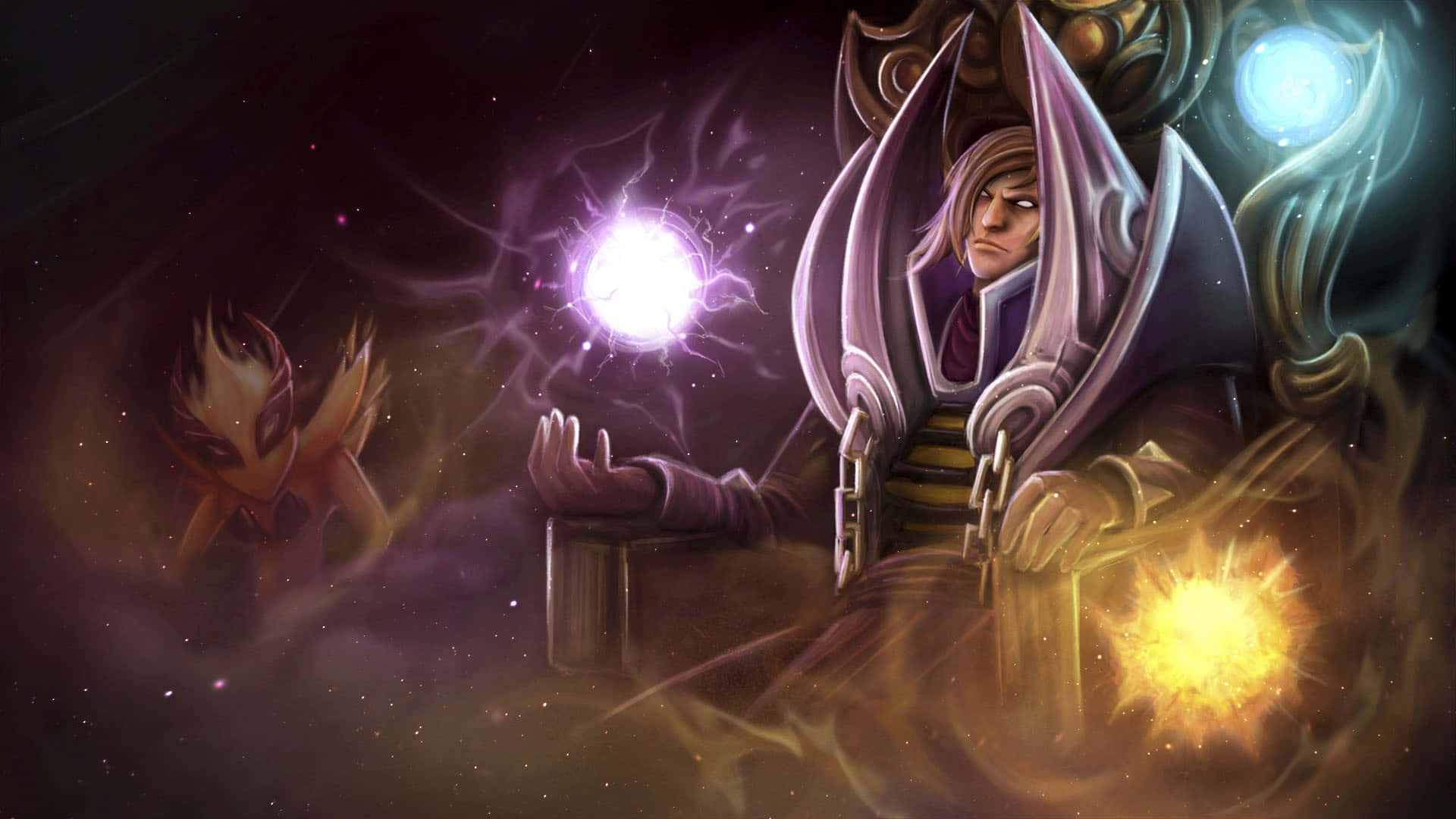1920x1080 Dota 2 桌布 壁紙 — 一位身穿深色長袍的法師，帶著發光的能量球，與一隻小型火焰生物一同漂浮在宇宙虛空中。