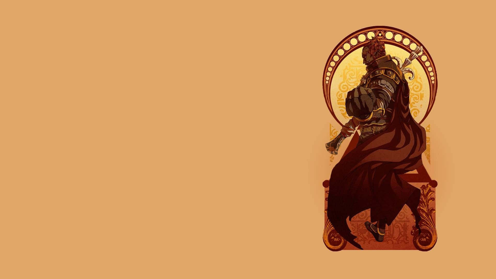 Ganondorf 桌布 壁紙 — 一位身穿深色長袍的裝甲戰士，在純色溫暖橙色背景前，威嚴地坐在華麗的王座上。