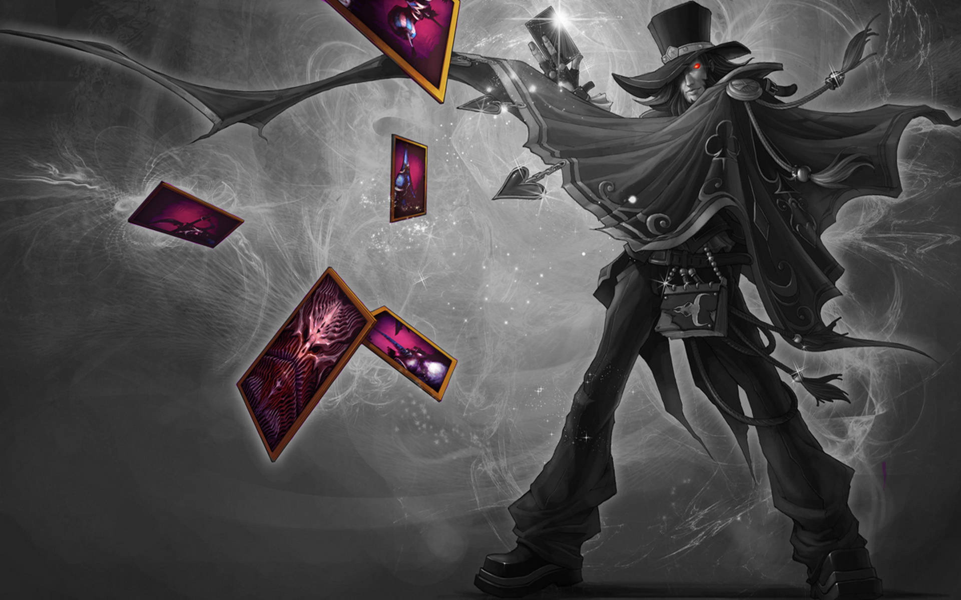 3d League Of Legends 桌布 壁紙 — 一位身穿深色長袍的魔術師，擁有發光的紅色眼睛和蝙蝠般的翅膀，在旋轉的灰色背景前施展神秘的紫色卡牌。