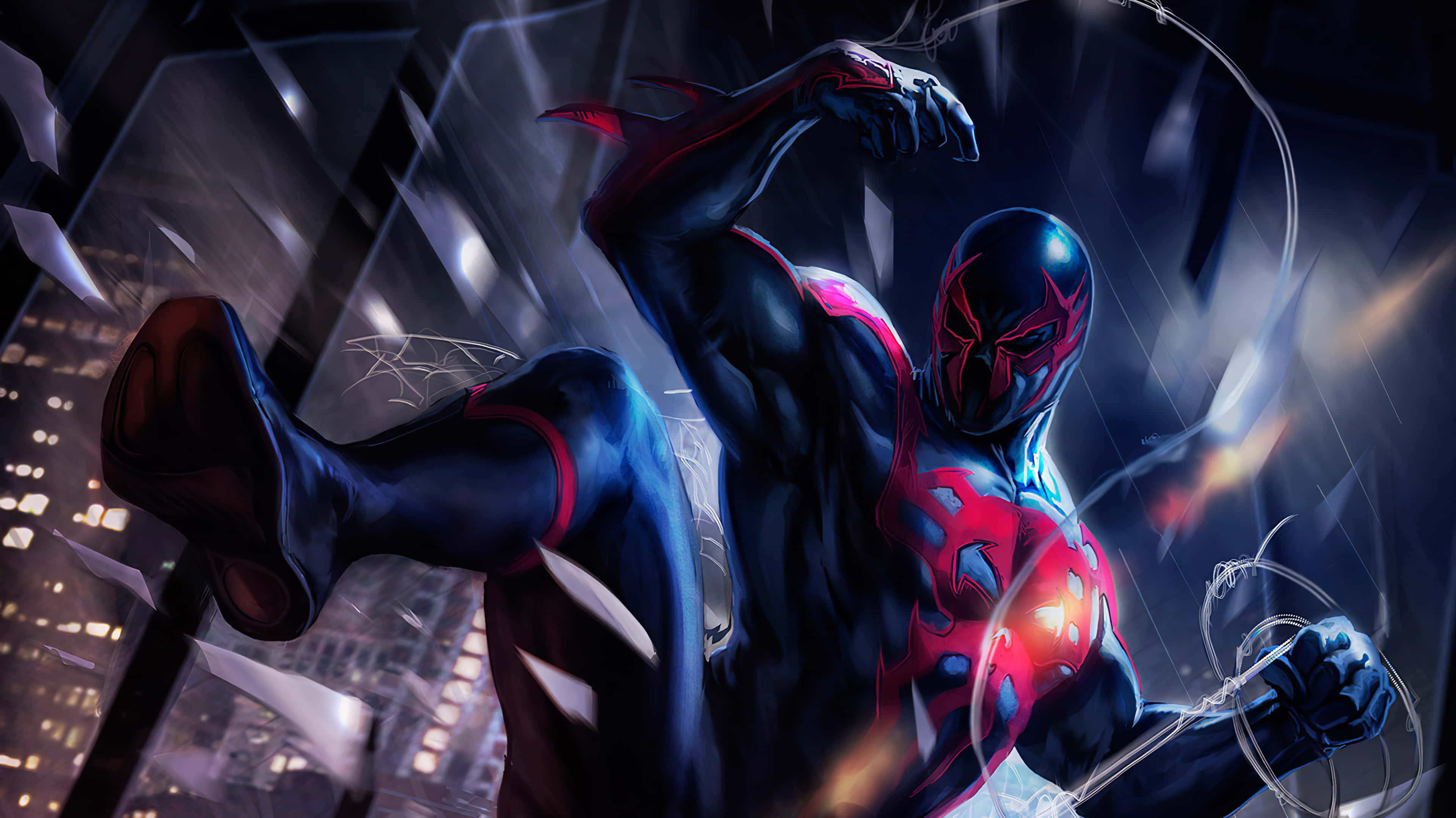 Spider Man 2099 桌布 壁紙 — 一位身穿深藍色和紅色戰衣的動感蜘蛛英雄，在雨夜的都市景觀中擺盪，帶有發光的蛛絲線條。