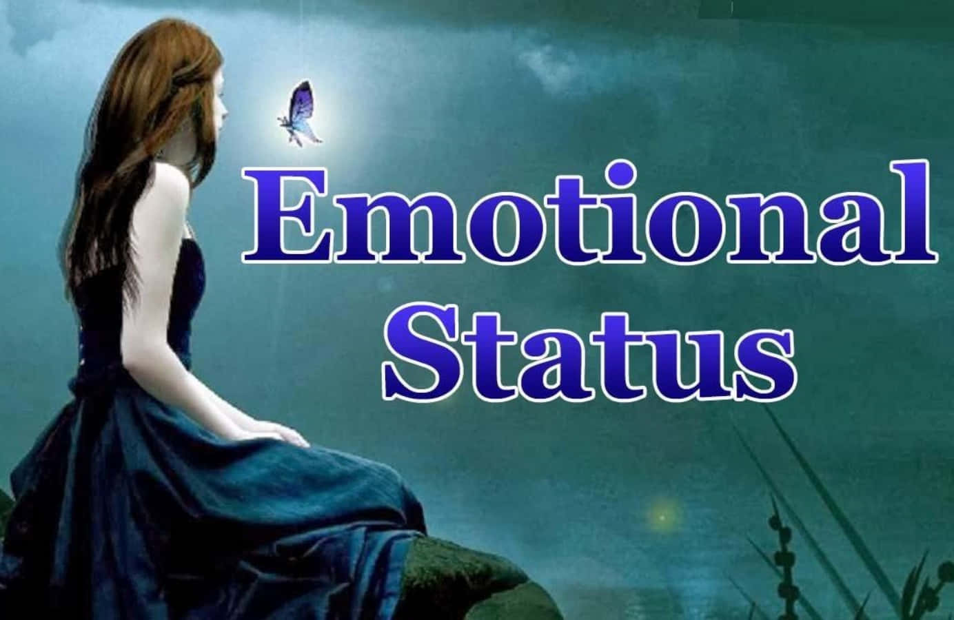 Emotional 桌布 壁紙 — 一位身穿深藍色連衣裙的女子坐在岩石上，凝視著一隻發光的蝴蝶，背景是憂鬱的藍綠色天空。