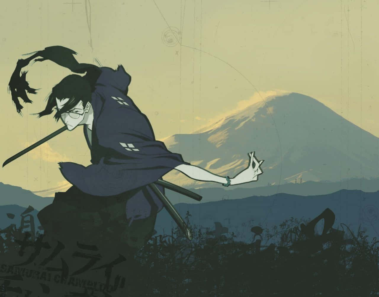 動漫 桌布 壁紙 — 一位身穿深藍色長袍的武士戰士，在富士山日落背景下，以風格化的墨筆筆觸動態跳躍。