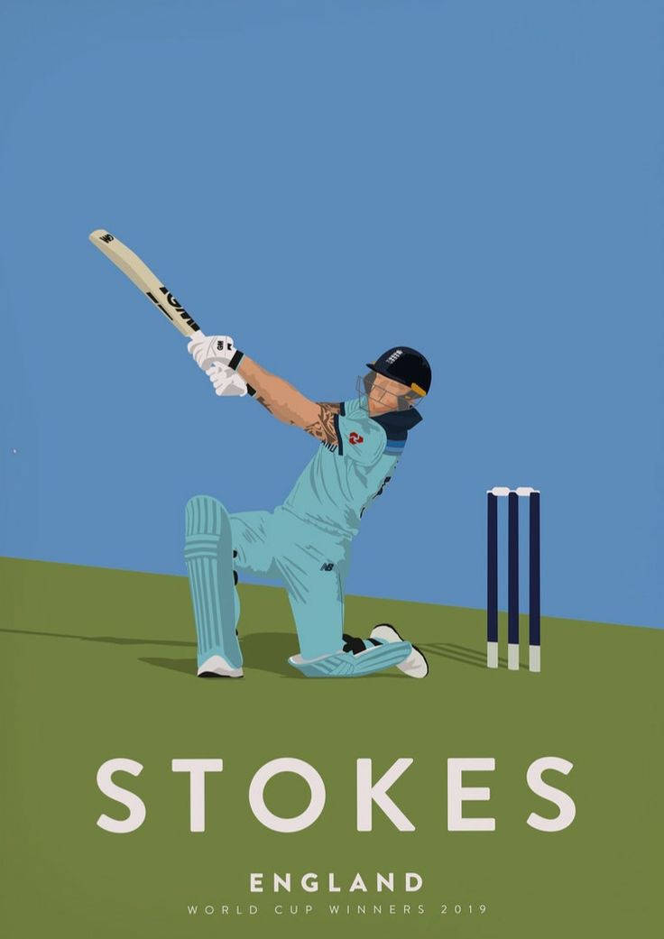 England Cricket 桌布 壁紙 — 一位身穿淺藍色球衣的風格化板球運動員，在純藍色天空和綠色場地上揮動球棒至半揮狀態。