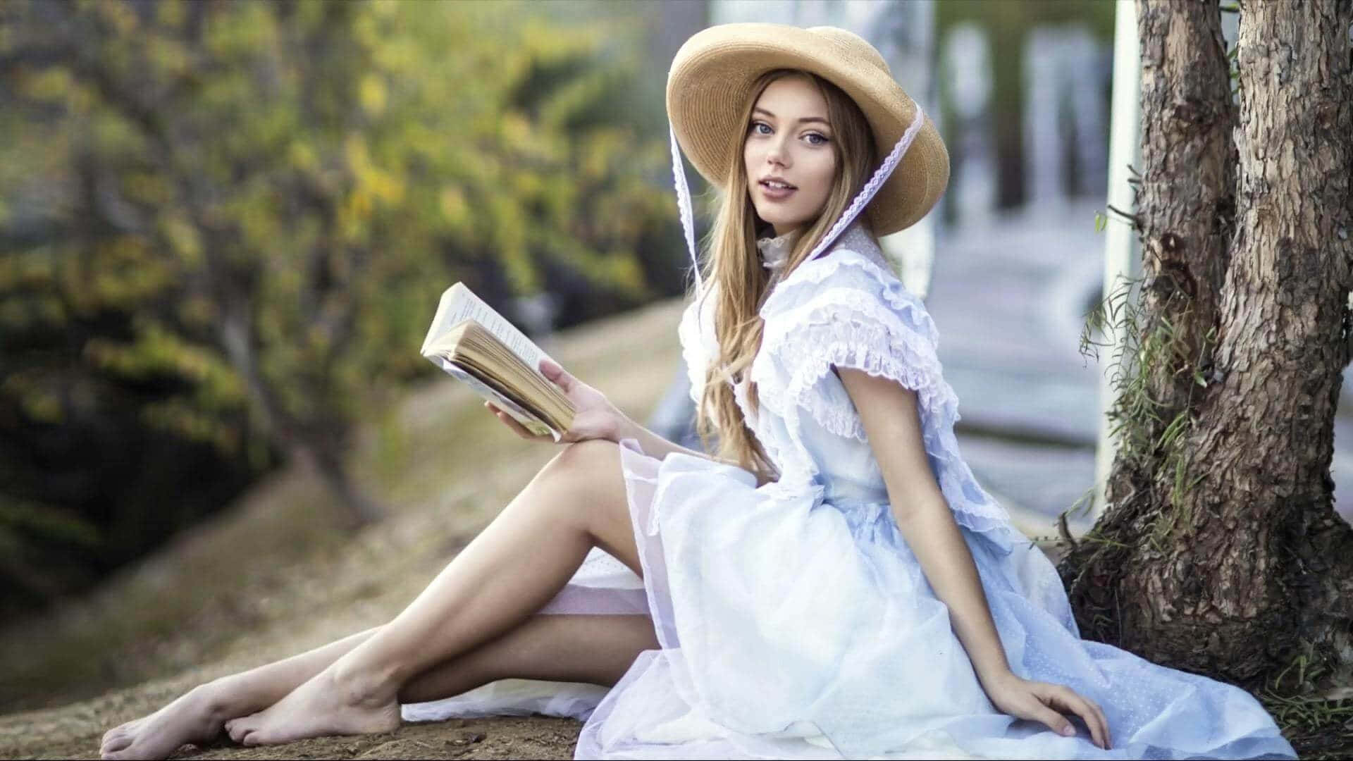 Grace Van Dien 桌布 壁紙 — 一位身穿淺藍色連衣裙和草帽的年輕女子赤腳坐在樹旁，在陽光明媚的森林裏看書。