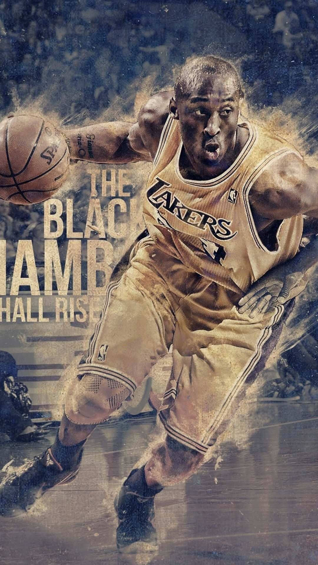 NBA iPhone 桌布 壁紙 — 一位身穿湖人隊球衣的動感籃球運動員，在粗糙紋理背景前專注運球。