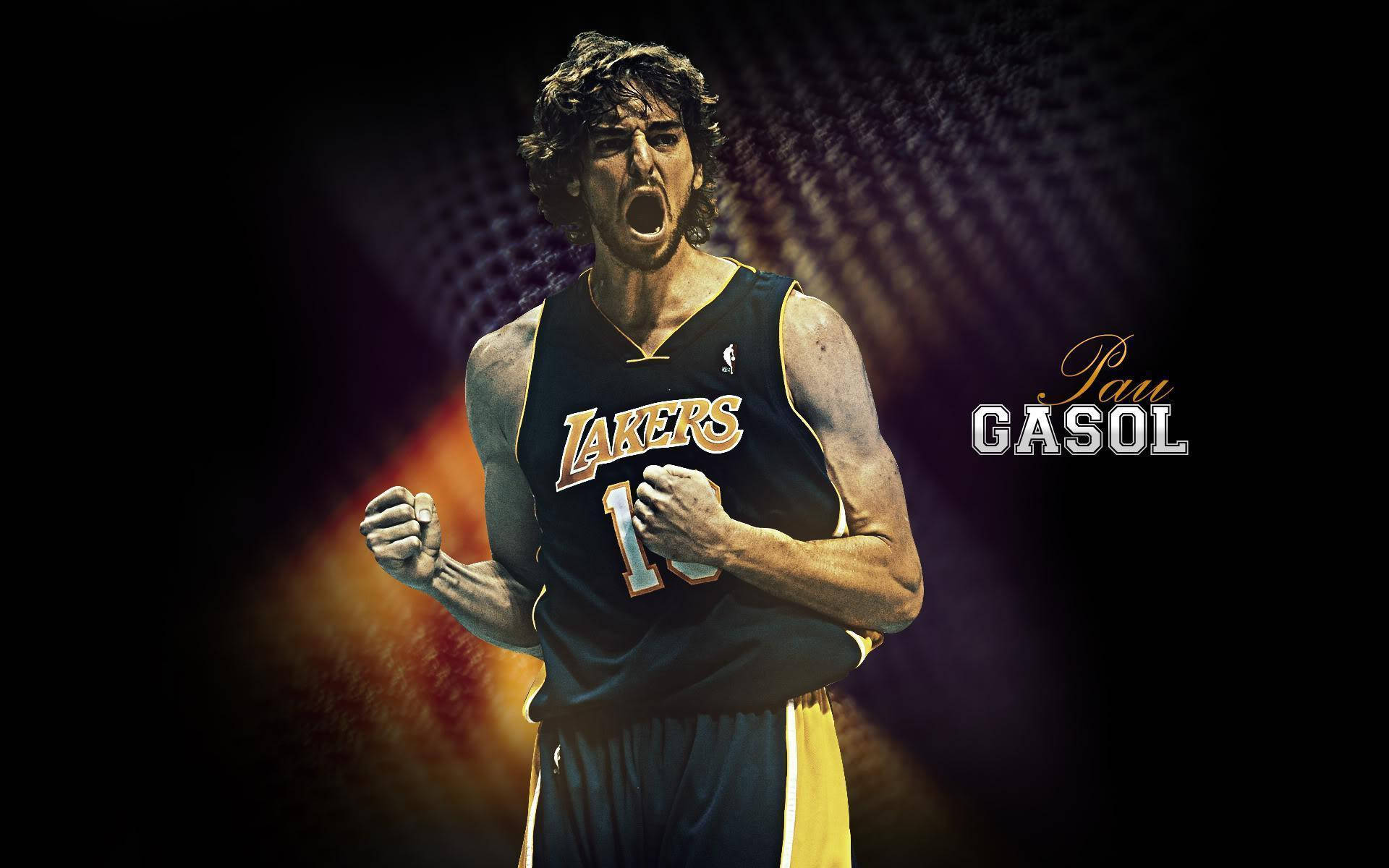 Pau Gasol 桌布 壁紙 — 一位身穿湖人隊球衣的籃球運動員在黑暗閃耀的背景前握緊拳頭咆哮。