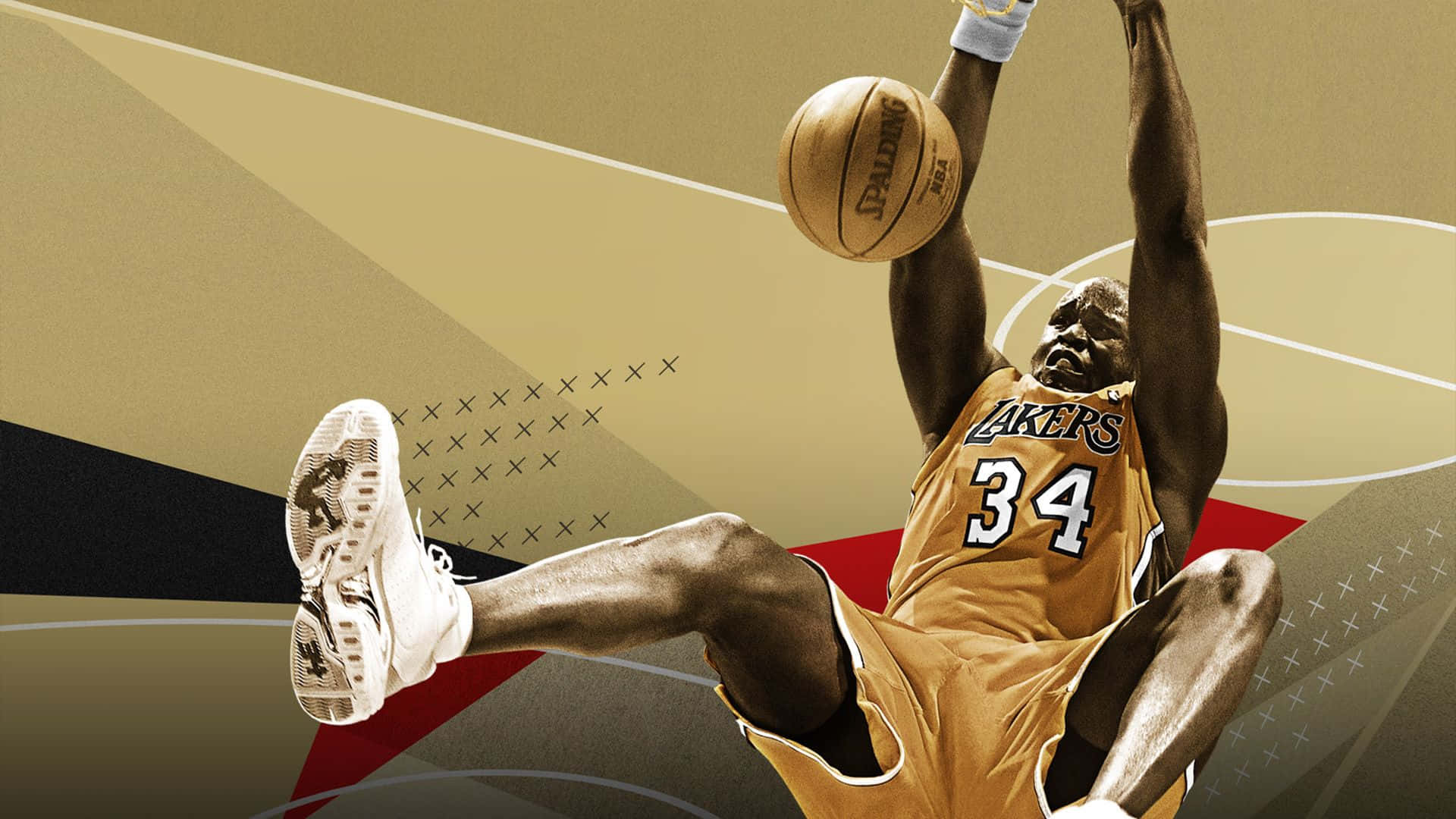 NBA 2k21 桌布 壁紙 — 一位身穿湖人隊球衣的籃球運動員在半空中飛身灌籃，將Spalding籃球灌入一個風格化的幾何背景中。