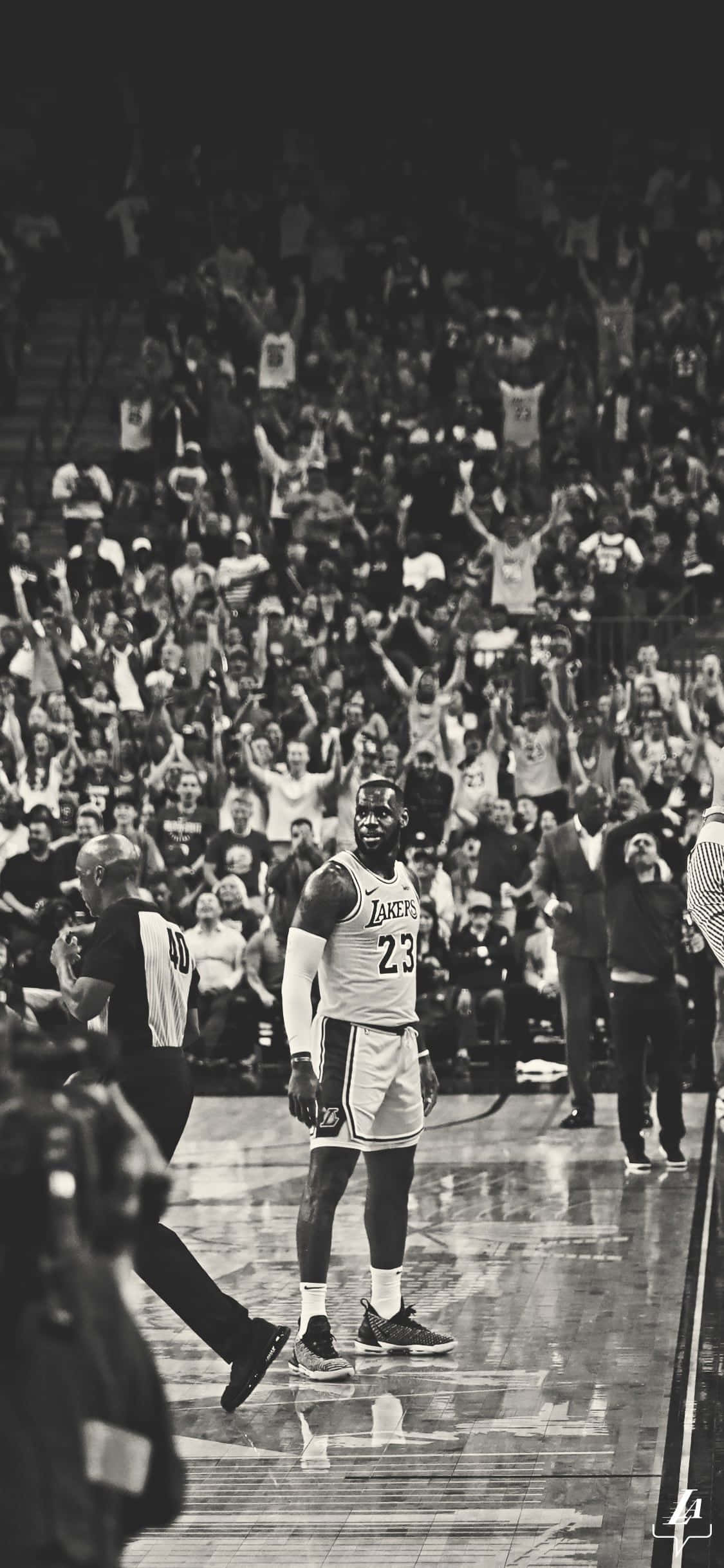 Basketball Aesthetic 桌布 壁紙 — 一位身穿湖人隊球衣的籃球運動員站在球場中央，在場館燈光下，黑白畫面中球迷們熱情歡呼。