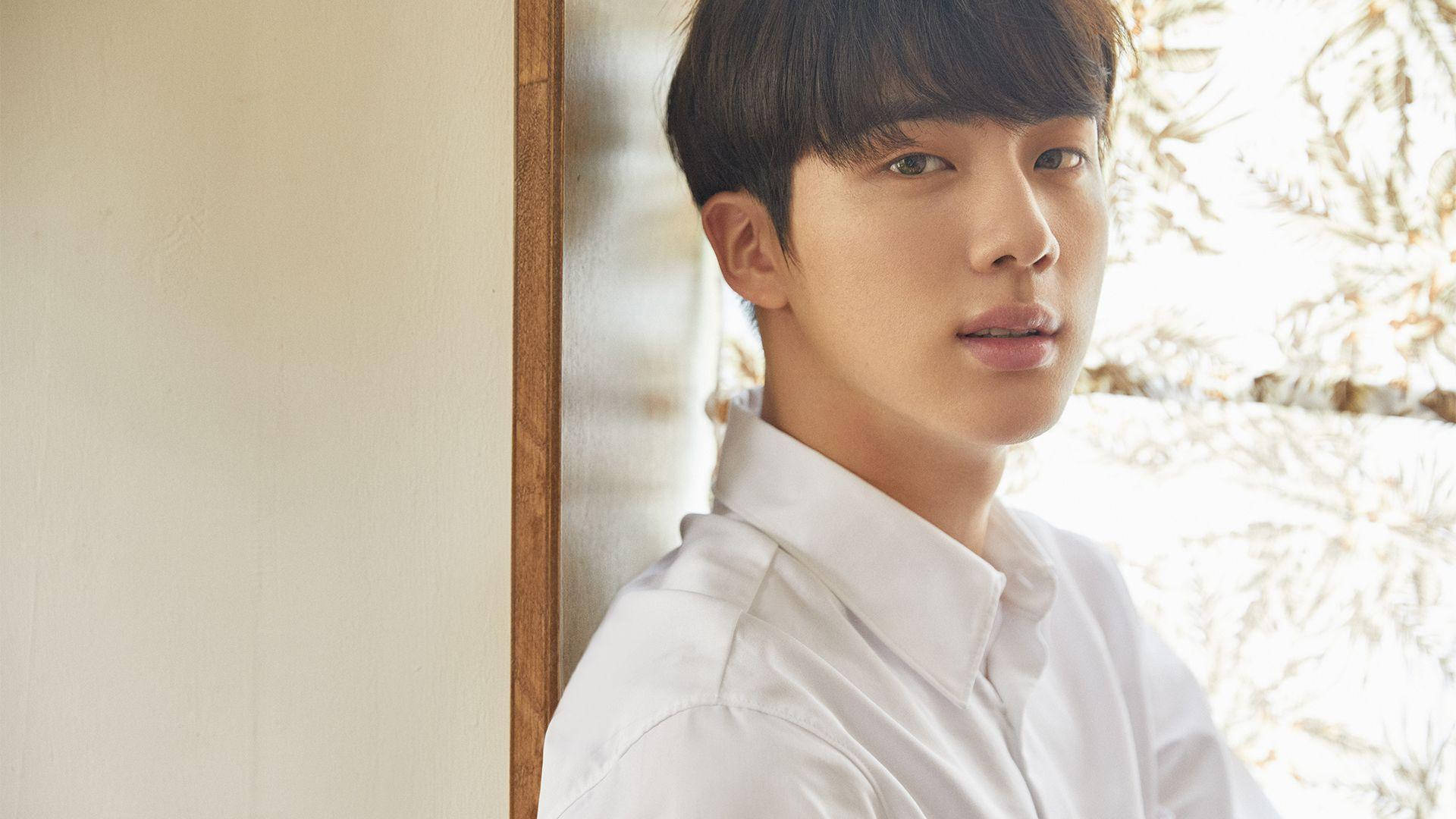 kim seok jin 桌布 壁紙 — 一位身穿潔白襯衫的年輕男子靠在木框窗戶旁，柔和陽光穿過他身後光禿的樹枝灑落。