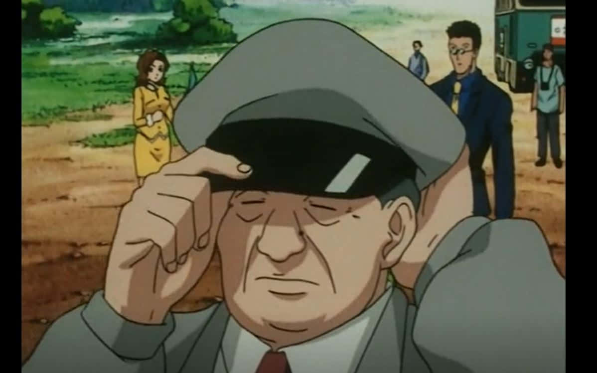 Hunter X Hunter Zebro 桌布 壁紙 — 一位身穿灰色制服的動畫軍官，在背景有人站著的情況下，帶著疲憊的表情調整他的帽子。