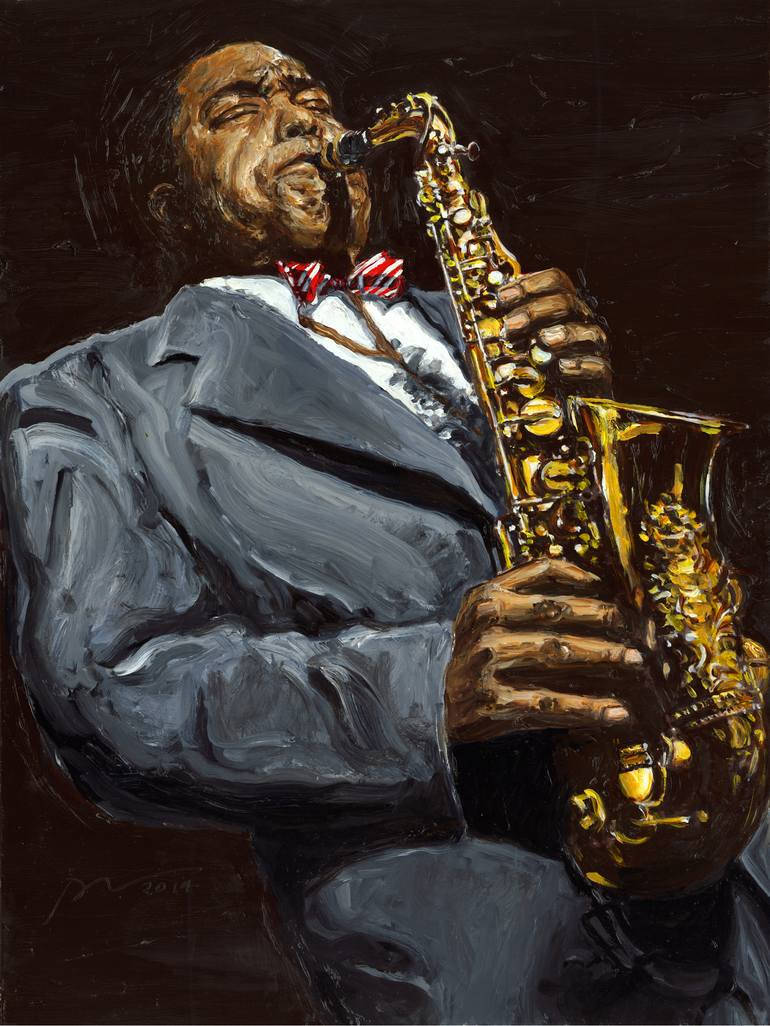 Painting 桌布 壁紙 — 一位身穿灰色西裝和紅色領結的熱情爵士音樂家，在戲劇性的燈光下熱情地演奏金色薩克斯風。