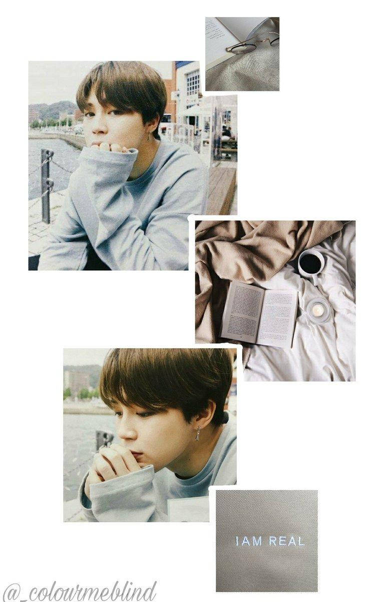 Jimin Aesthetic 桌布 壁紙 — 一位身穿灰色運動衫的年輕男子在水邊的拼貼畫，搭配舒適的閱讀和咖啡時光。