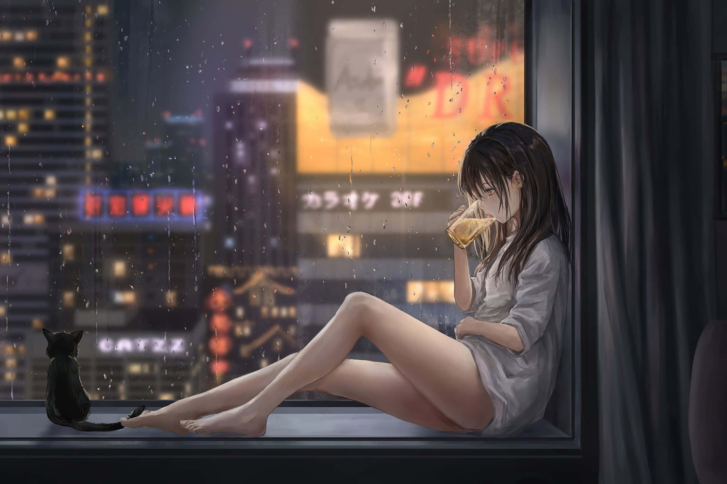 2400x1600 桌布 壁紙 — 一位身穿灰色長袍的年輕女性正在喝茶，一隻黑貓坐在她旁邊的雨水浸濕的窗台上，俯瞰著夜晚霓虹燈閃爍的城市。