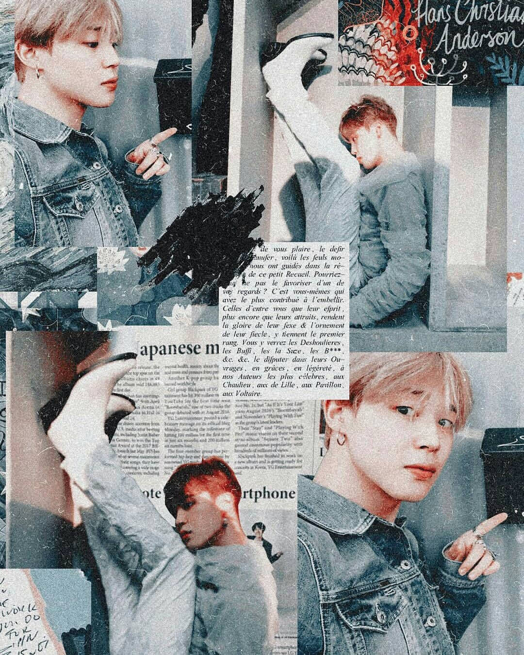 Jimin Aesthetic 桌布 壁紙 — 一位身穿牛仔外套的年輕男子的拼貼畫，照片疊加報紙剪報和冷色調的藝術筆觸。