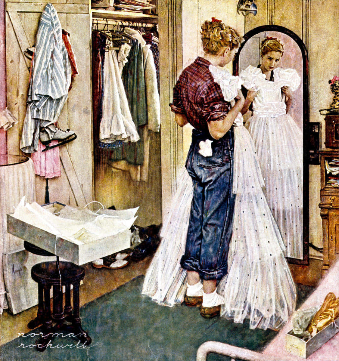 Norman Rockwell 桌布 壁紙 — 一位身穿牛仔布和格紋襯衫的女士在雜亂的復古臥室幫助一個年輕女孩試穿白色圓點連衣裙。