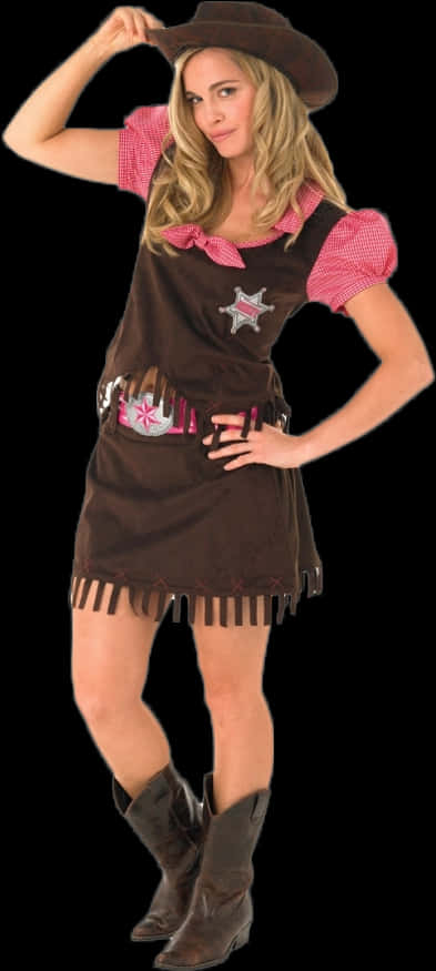 Ladies Dress 桌布 壁紙 — 一位身穿牛仔裝束的女性在黑色背景前自信地擺姿勢，戴著棕色帽子、穿著連衣裙和靴子。