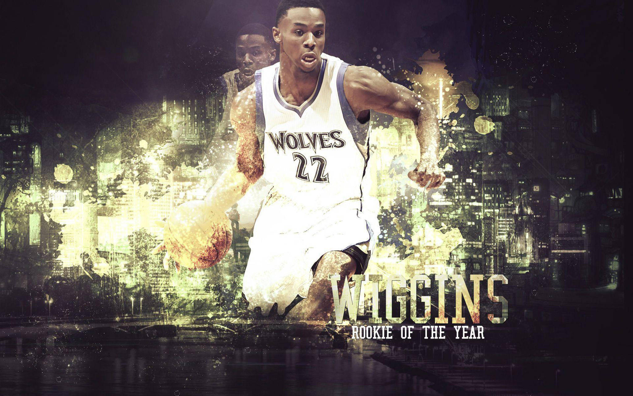 Andrew Wiggins 桌布 壁紙 — 一位身穿狼隊球衣的動感籃球運動員在發光的城市景觀中運球，並帶有「Wiggins Rookie of the Year」文字。