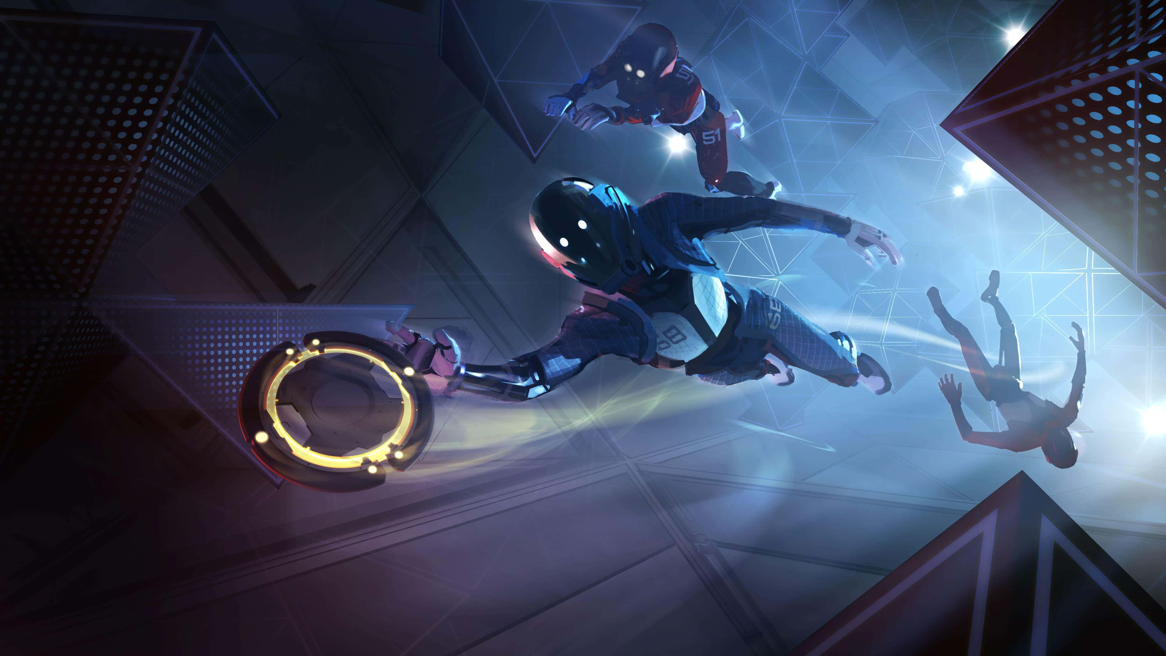 Vr Games 桌布 壁紙 — 一位身穿發光套裝的未來派運動員，手持發光環，在霓虹燈照亮的幾何競技場中翱翔。