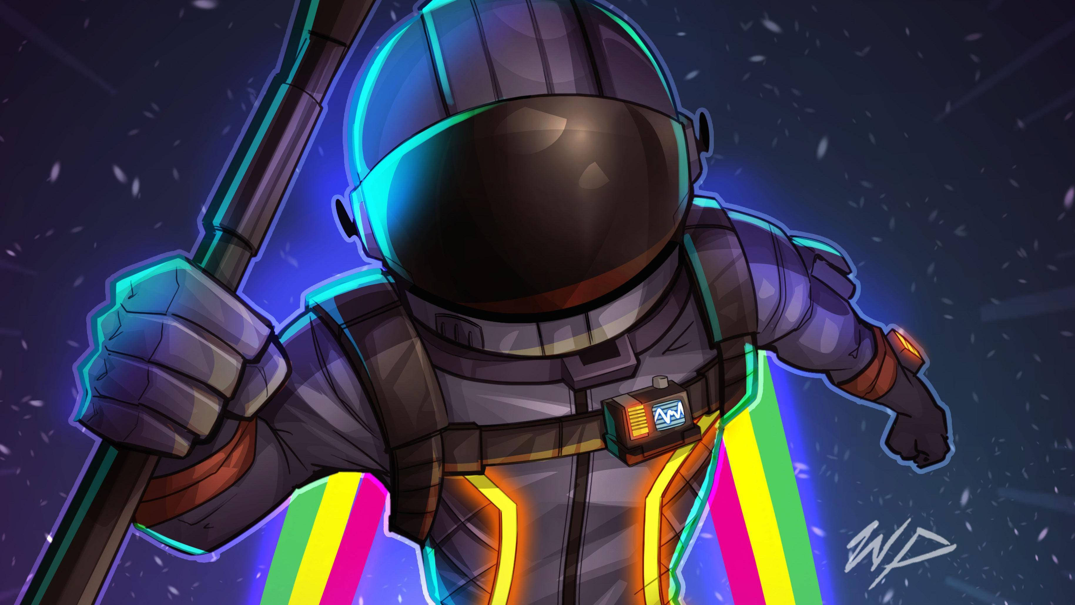 Fortnite 桌布 壁紙 — 一位身穿發光套裝的風格化太空人，在星光燦爛的宇宙背景下手持權杖，並帶有鮮豔的霓虹色調。