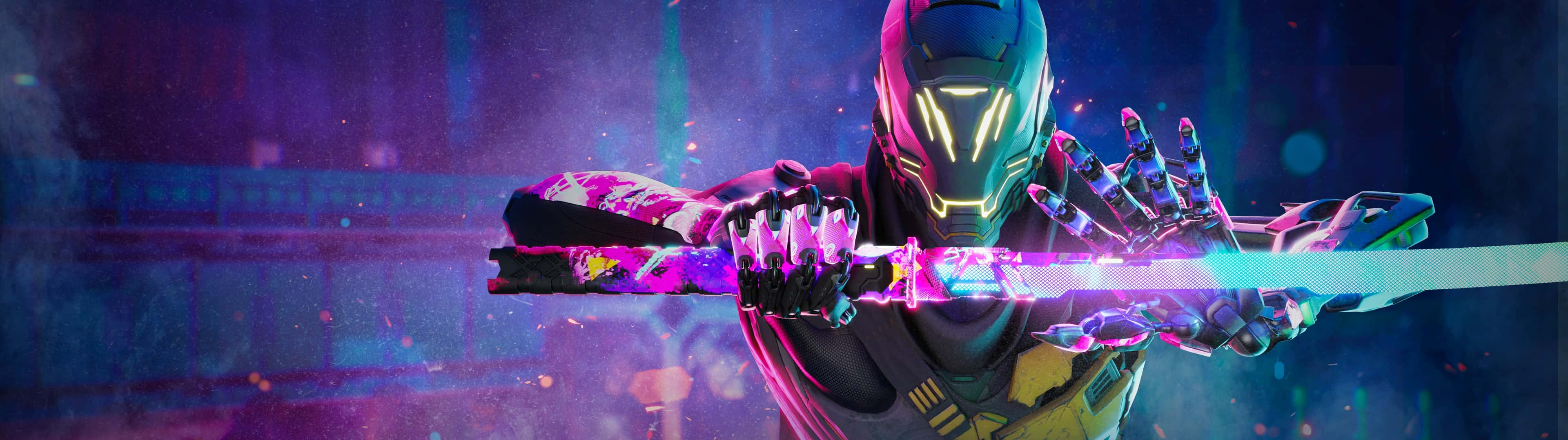 3840 X 1080 Gaming 桌布 壁紙 — 一位身穿發光盔甲的未來戰士，在 cyberpunk 城市背景下揮舞著霓虹劍。