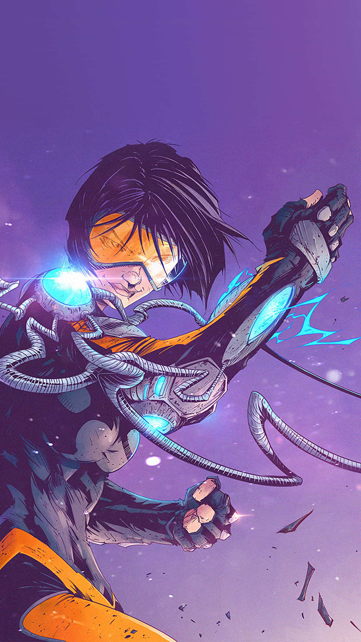 Aesthetic Overwatch 桌布 壁紙 — 一位身穿發光盔甲的未來戰士，在宇宙紫色背景下與能量觸手戰鬥。