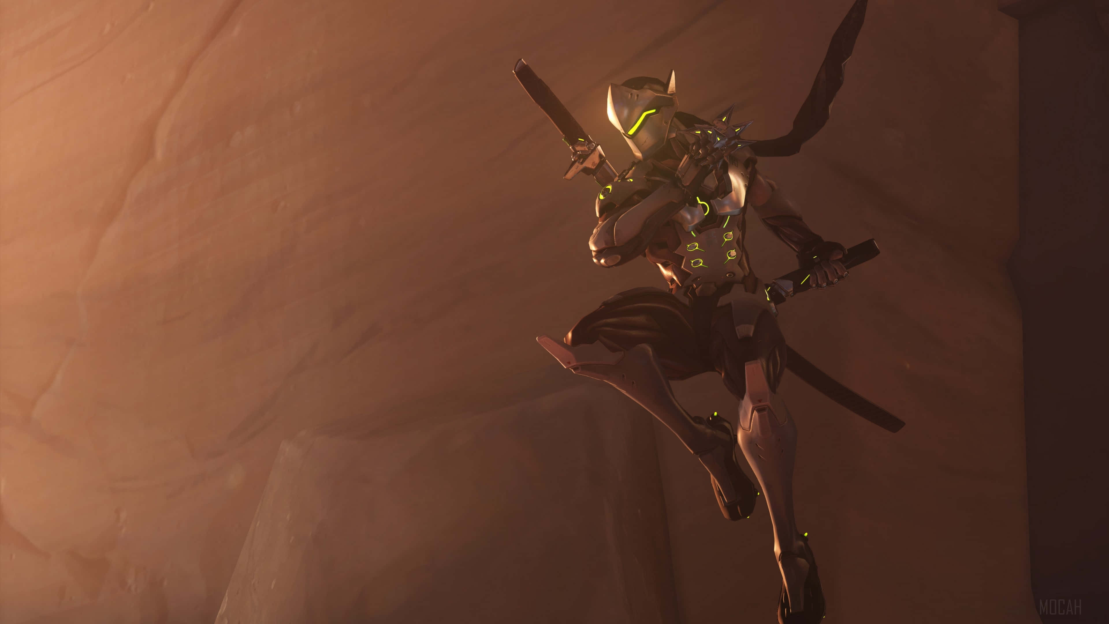 Genji 4K 桌布 壁紙 — 一位身穿發光盔甲的未來戰士，拔出雙刀，在塵土飛揚的峽谷中動態跳躍。