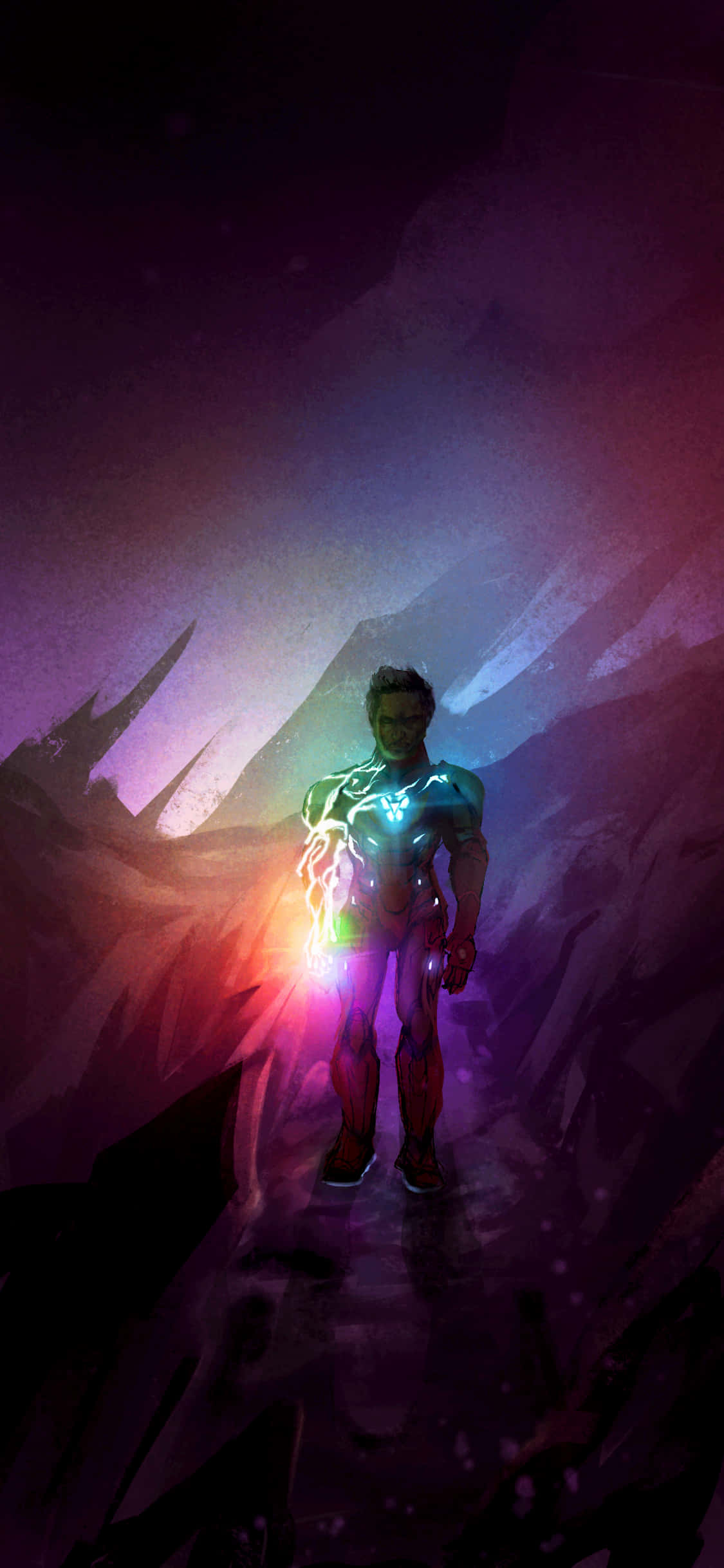 iPhone Xs Marvel's Avengers 桌布 壁紙 — 一位身穿發光盔甲的超級英雄，在充滿活力的紫色和藍色光芒籠罩的黑暗洞穴景觀中英勇站立。
