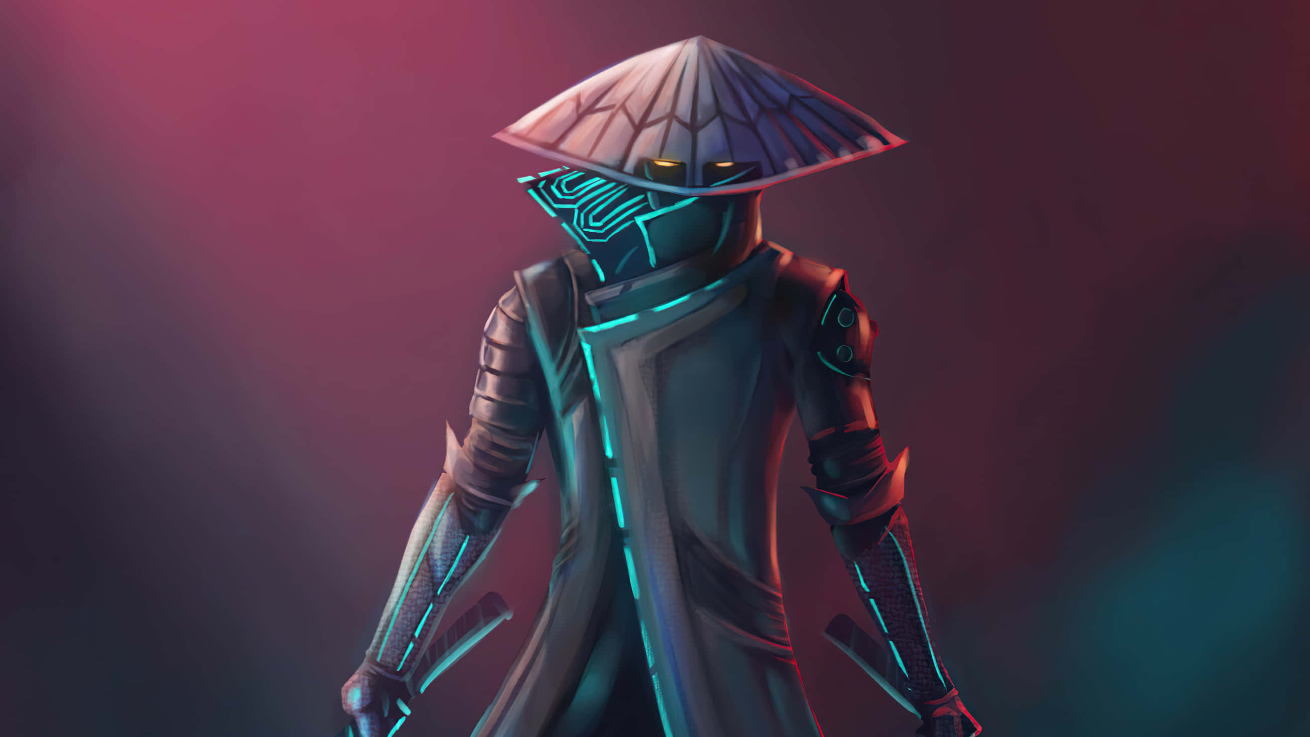 Ronin 桌布 壁紙 — 一位身穿發光藍色裝甲長袍和傳統錐形帽的機械戰士，站在紫色和藍綠色的漸變背景前。