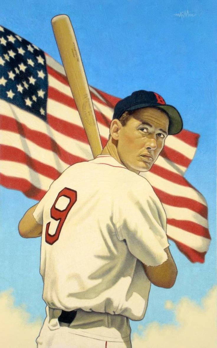 Ted Williams 桌布 壁紙 — 一位身穿白色9號球衣的復古棒球選手，在晴朗藍天下揮舞美國國旗的背景中，手持球棒站立。