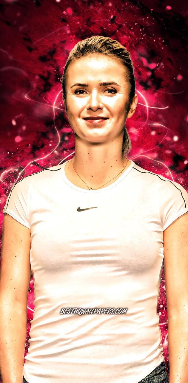 Elina Svitolina 桌布 壁紙 — 一位身穿白色Nike T恤的女性在充滿活力的紅色宇宙背景中微笑，背景有發光的能量漩渦。