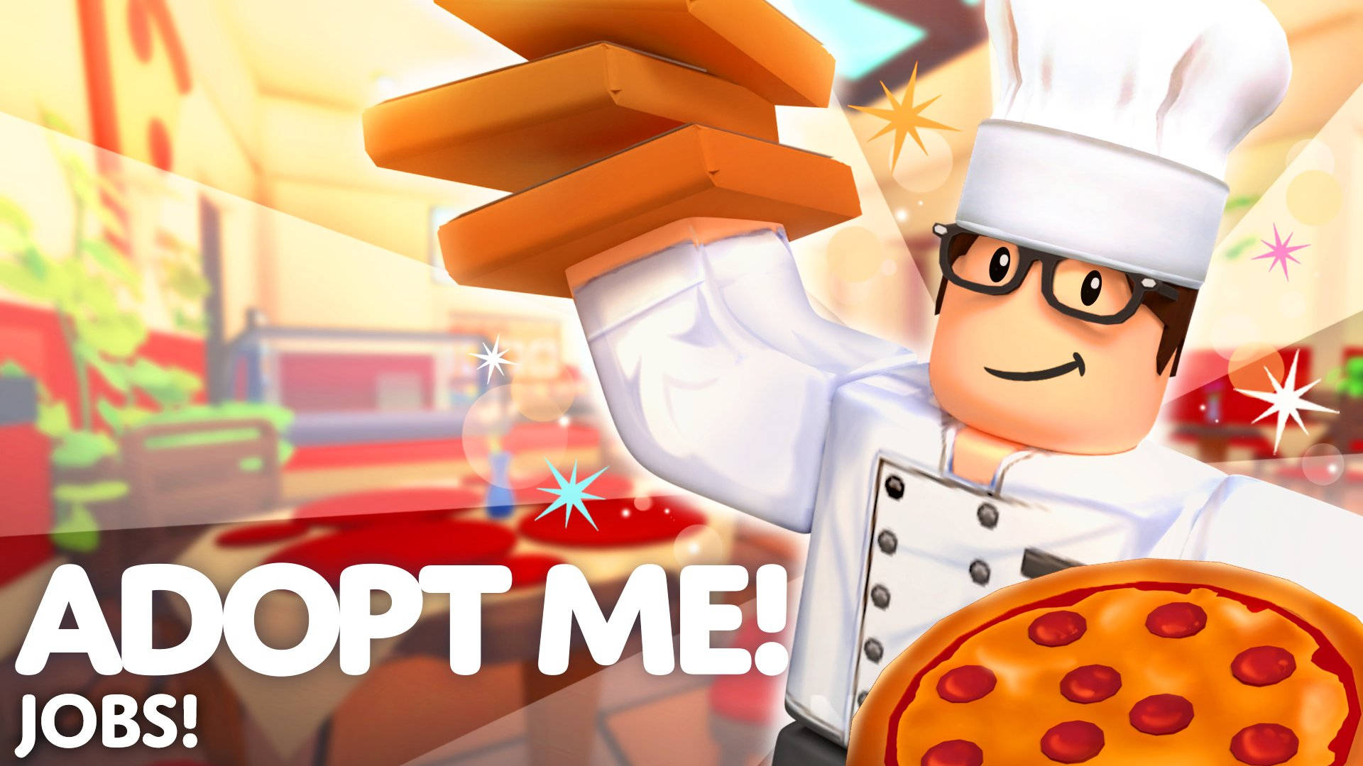 Me 桌布 壁紙 — 一位身穿白色制服、開心的Roblox廚師平衡著疊起的披薩盒，同時拿著一塊有閃爍效果的義大利辣味香腸披薩。