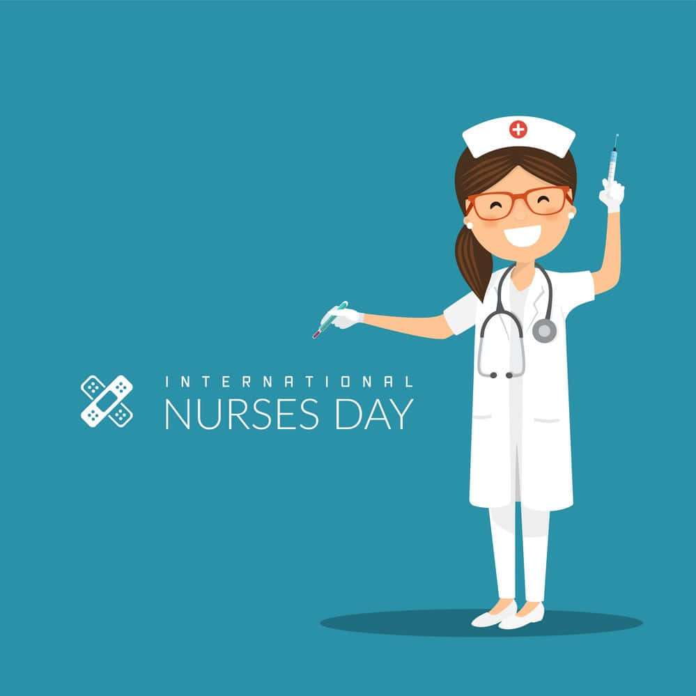 Nurse 桌布 壁紙 — 一位身穿白色制服和帽子的開朗卡通護士，在純青色背景上拿著注射器和溫度計。