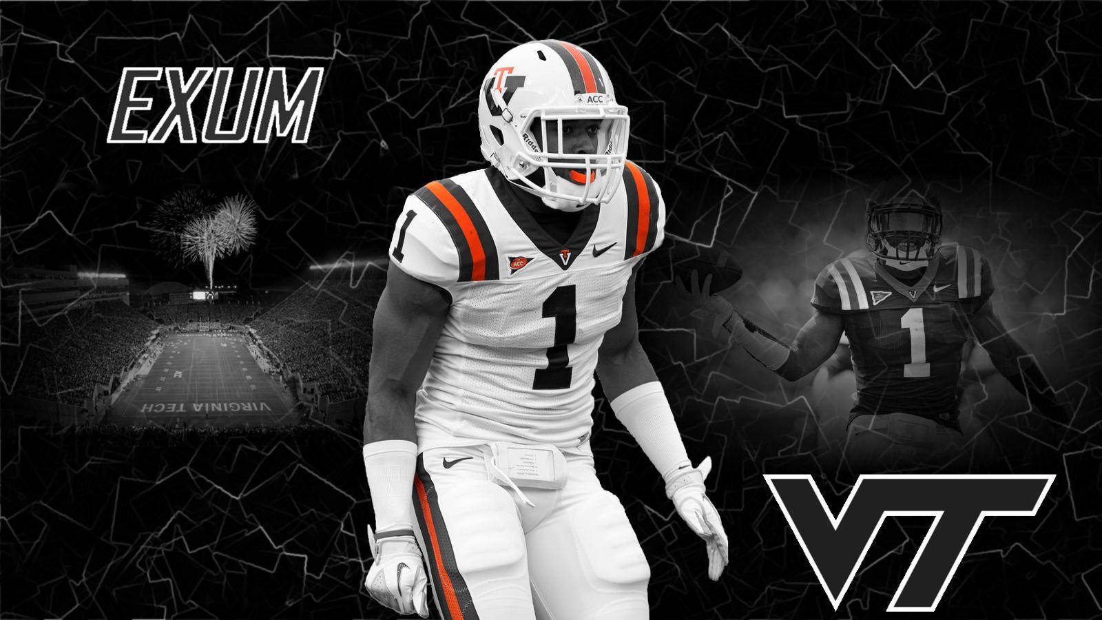 Virginia Tech 桌布 壁紙 — 一位身穿白色和橙色球衣的維吉尼亞理工大學美式足球員自信地站在黑色裂紋背景上，背景有煙火和球隊標誌。