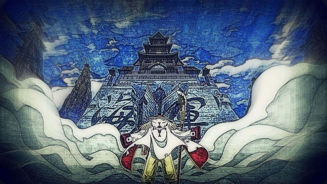 Marineford Aftermath 桌布 壁紙 — 一位身穿白色和紅色盔甲的孤獨戰士，站在一座從暴風藍天下旋轉雲層中升起的宏偉石城堡前。