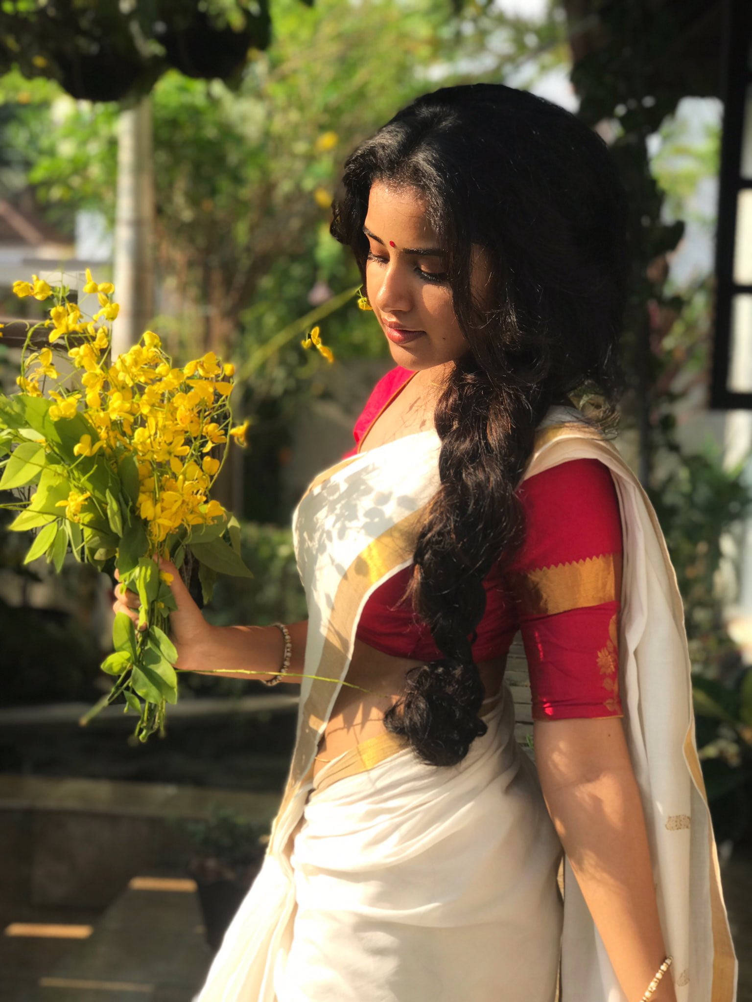 anupama parameswaran 桌布 壁紙 — 一位身穿白色和紅色紗麗的女性在溫暖的陽光下，在茂盛的花園中手持一束黃色花朵。