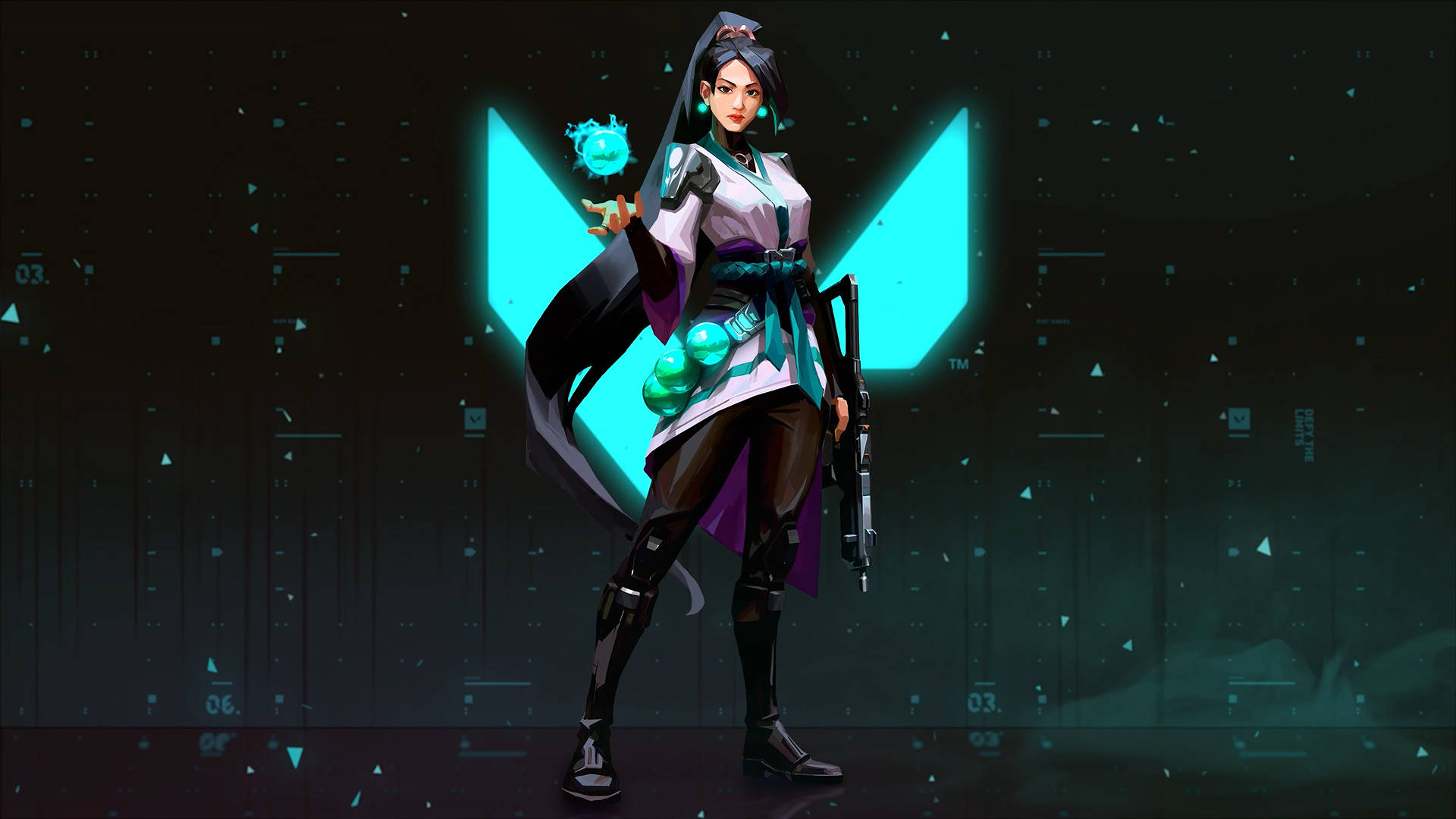 電玩遊戲 桌布 壁紙 — 一位身穿白色和紫色裝甲的 cyberpunk 動畫戰士，在帶有霓虹青綠色 V 形圖案的黑暗數位背景下，手持發光球體。
