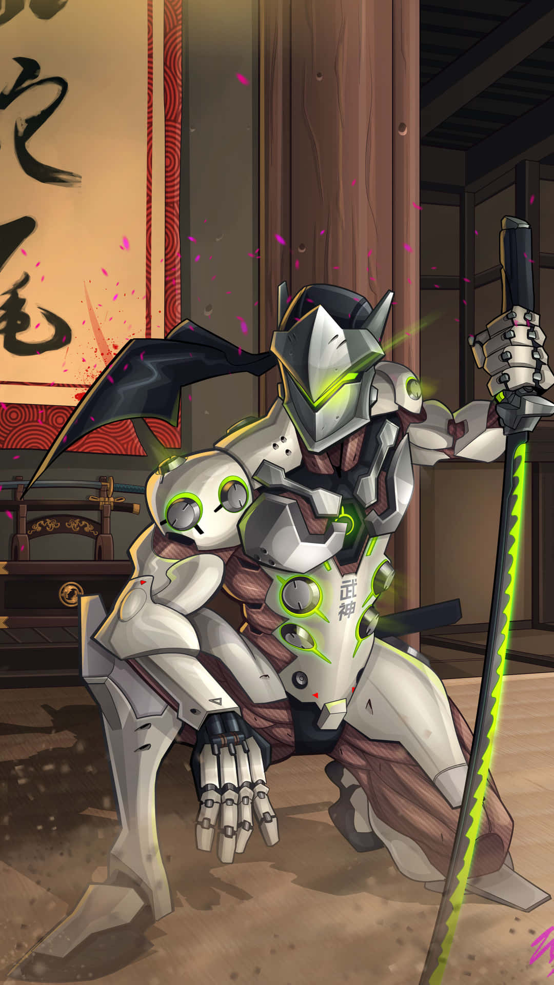 iPhone Xs Overwatch 桌布 壁紙 — 一位身穿白色和綠色盔甲的未來武士在傳統日式房間中跪著，手持發光的武士刀。