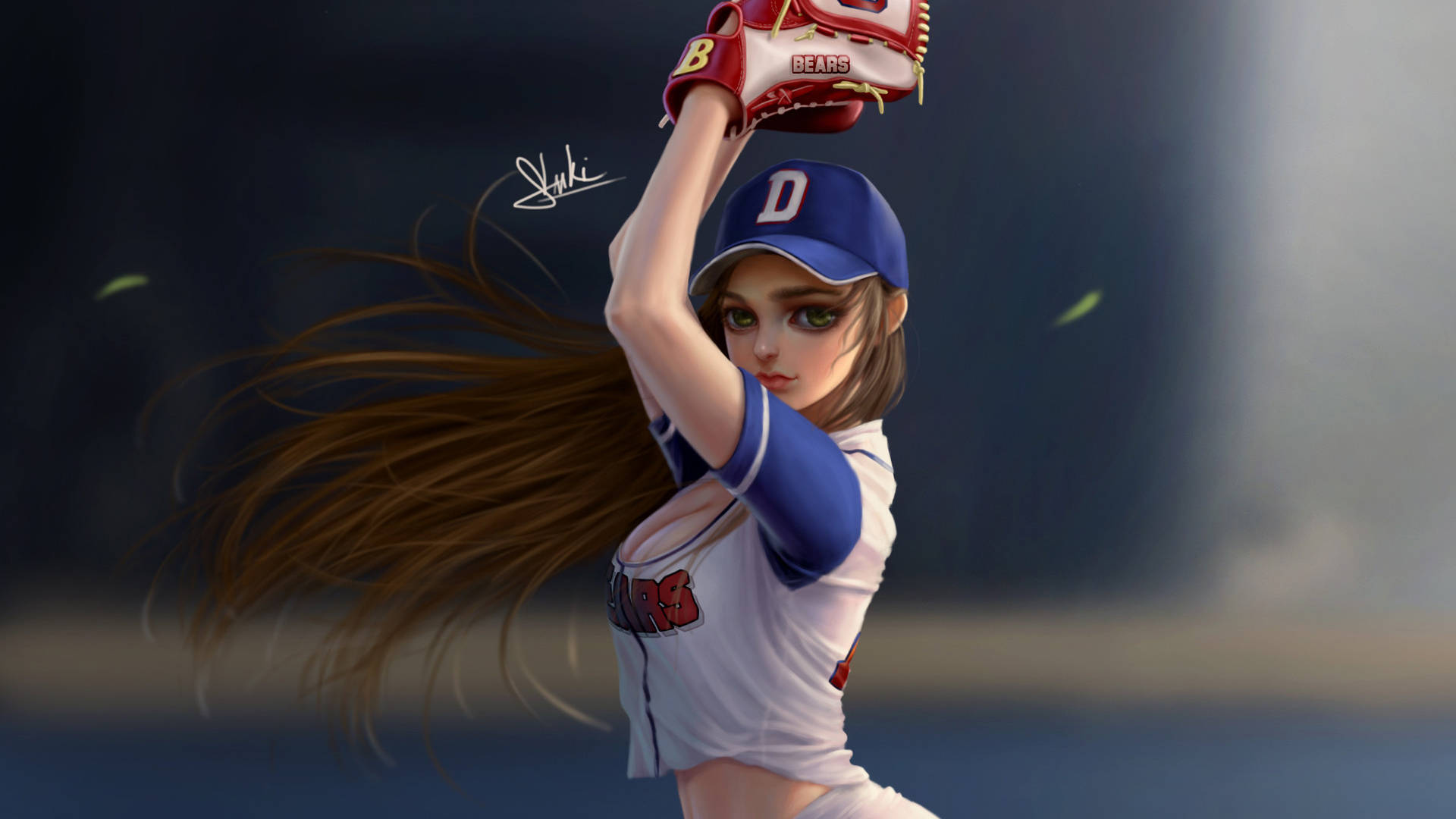 Cute Softball 桌布 壁紙 — 一位身穿白色和藍色制服的女棒球投手正在揮臂準備投球，長髮隨動作飄揚。
