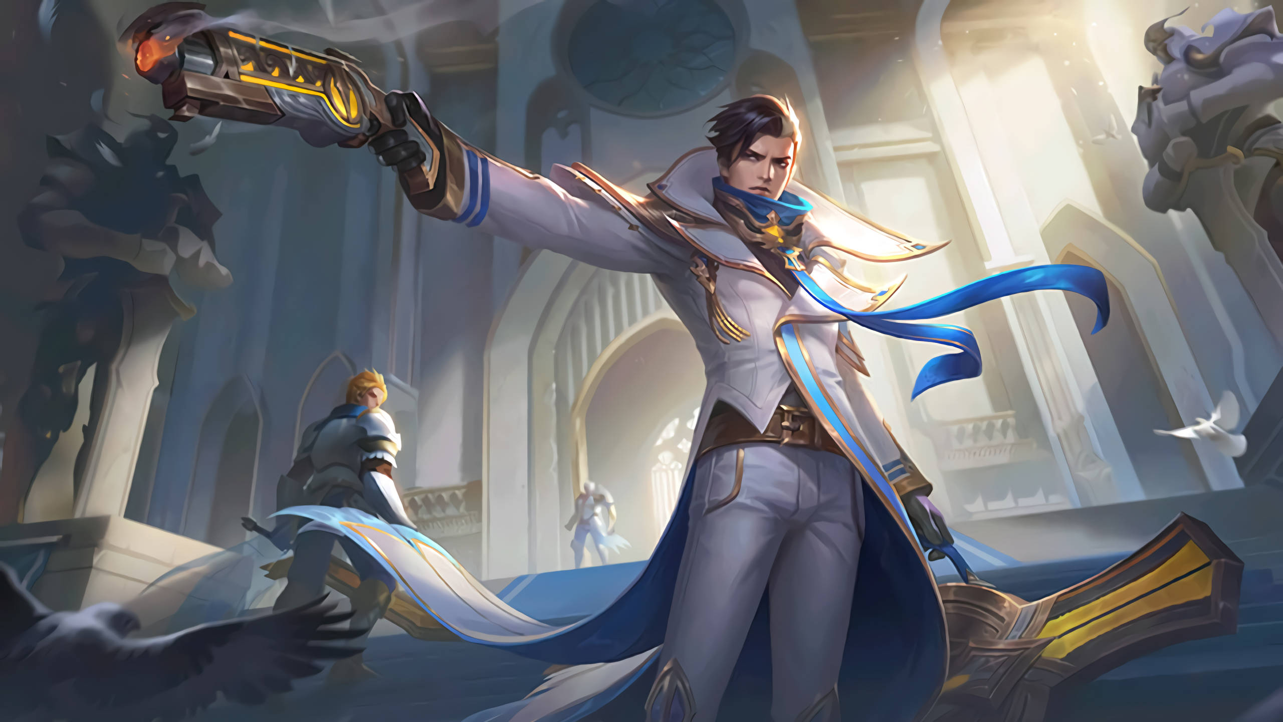 Mobile Legends 動態圖 桌布 壁紙 — 一位身穿白色和藍色盔甲的英勇戰士在宏偉的大教堂中瞄準發光的武器，教堂內有高聳的拱門和雕像。