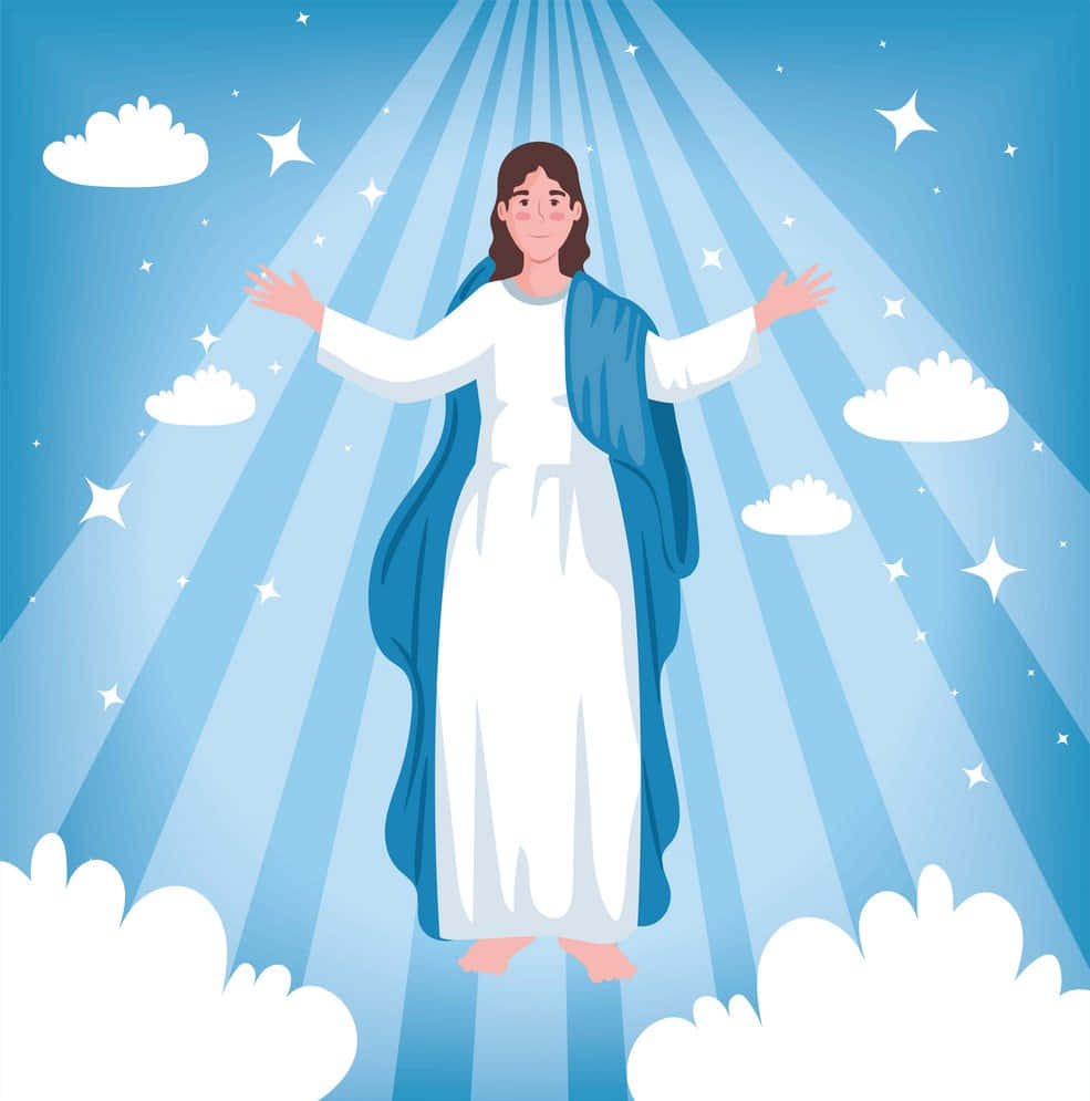 Angel Heaven 桌布 壁紙 — 一位身穿白色和藍色長袍的寧靜人物站在雲端之中，上方有耀眼的光芒和星星閃爍。