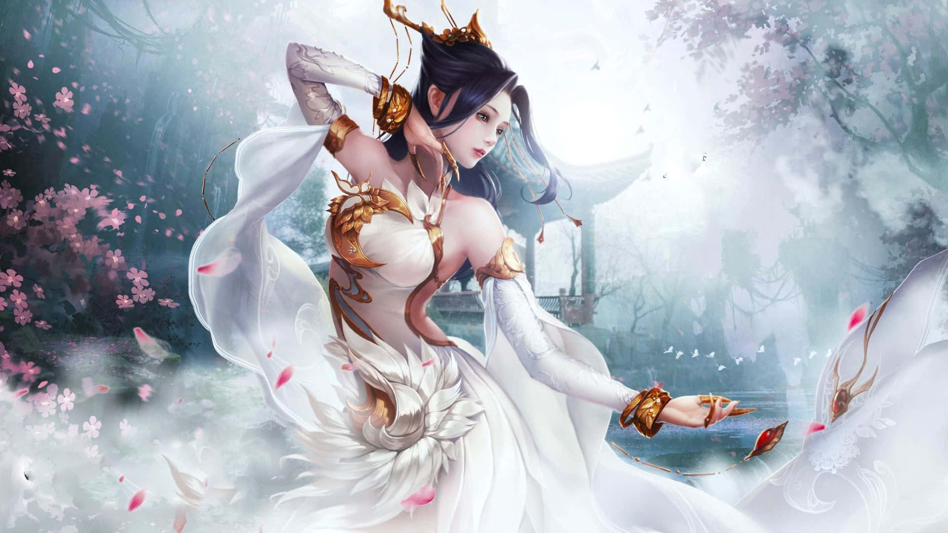 Beautiful Artistic 桌布 壁紙 — 一位身穿白色和金色服裝的優雅動漫女性，在霧氣籠罩的花園中，於飄落的櫻花間起舞。